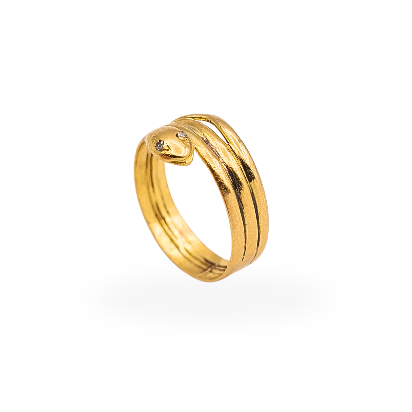21ct Antique Gold, Tiny Coiled Snake Ring, Diamond Eyes, Pinky Ring  UK H½ US 4¼