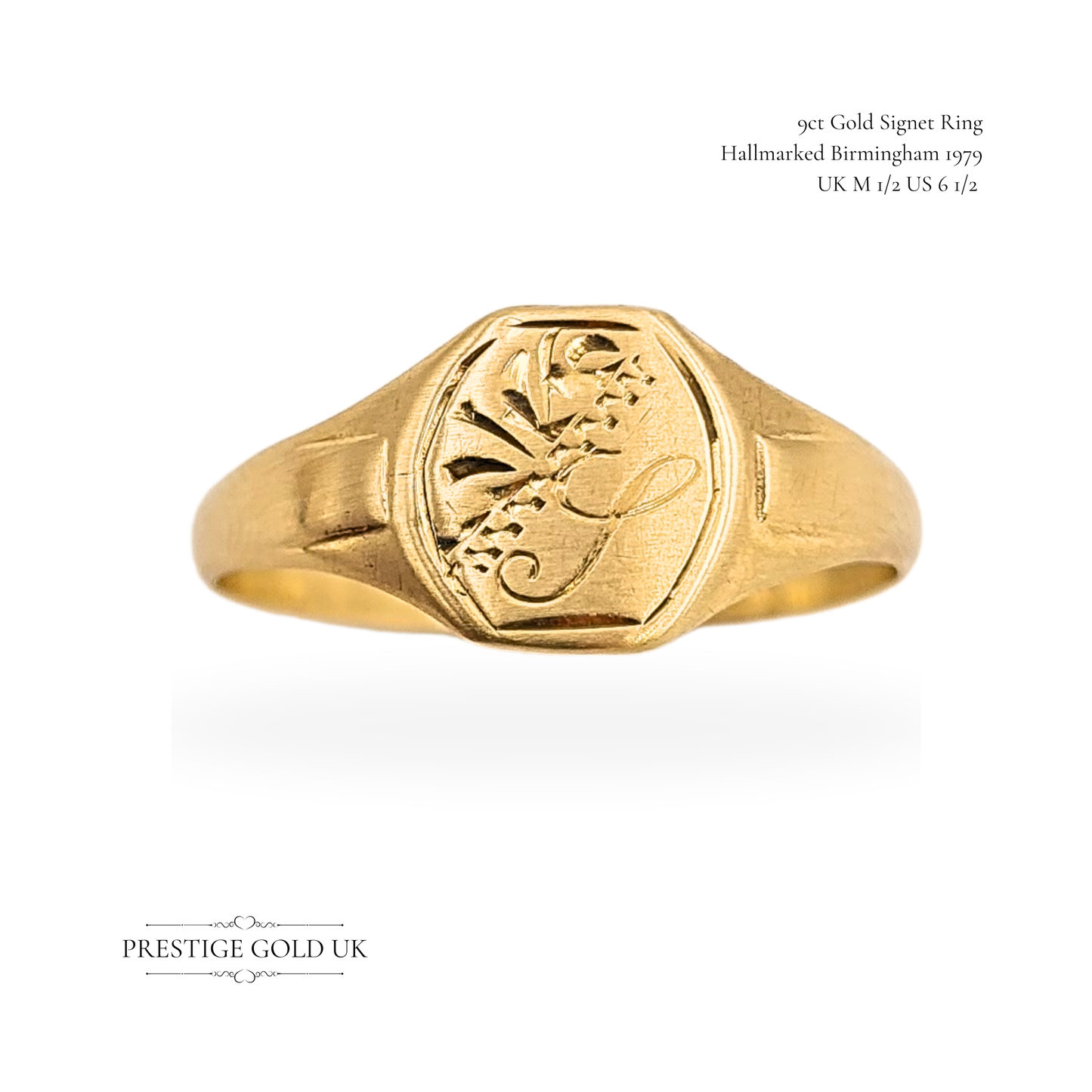 9ct Small Gold Signet Ring, UK M 1/2 US 6 1/2, Dainty Ring With Engraved Face