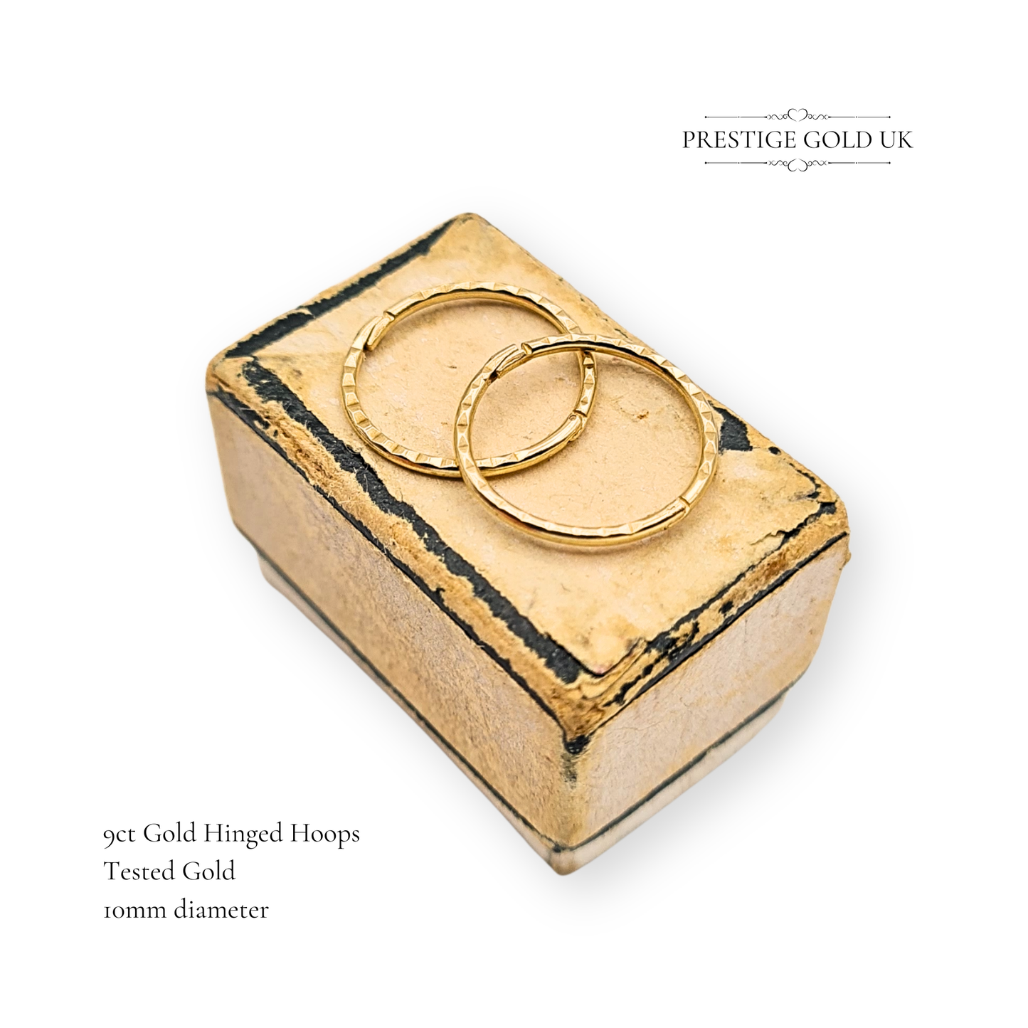 9ct Gold Small Hinged Hoop Earrings, 10mm Diameter Chevron Pattern Lightweight Tiny Gold Hoops