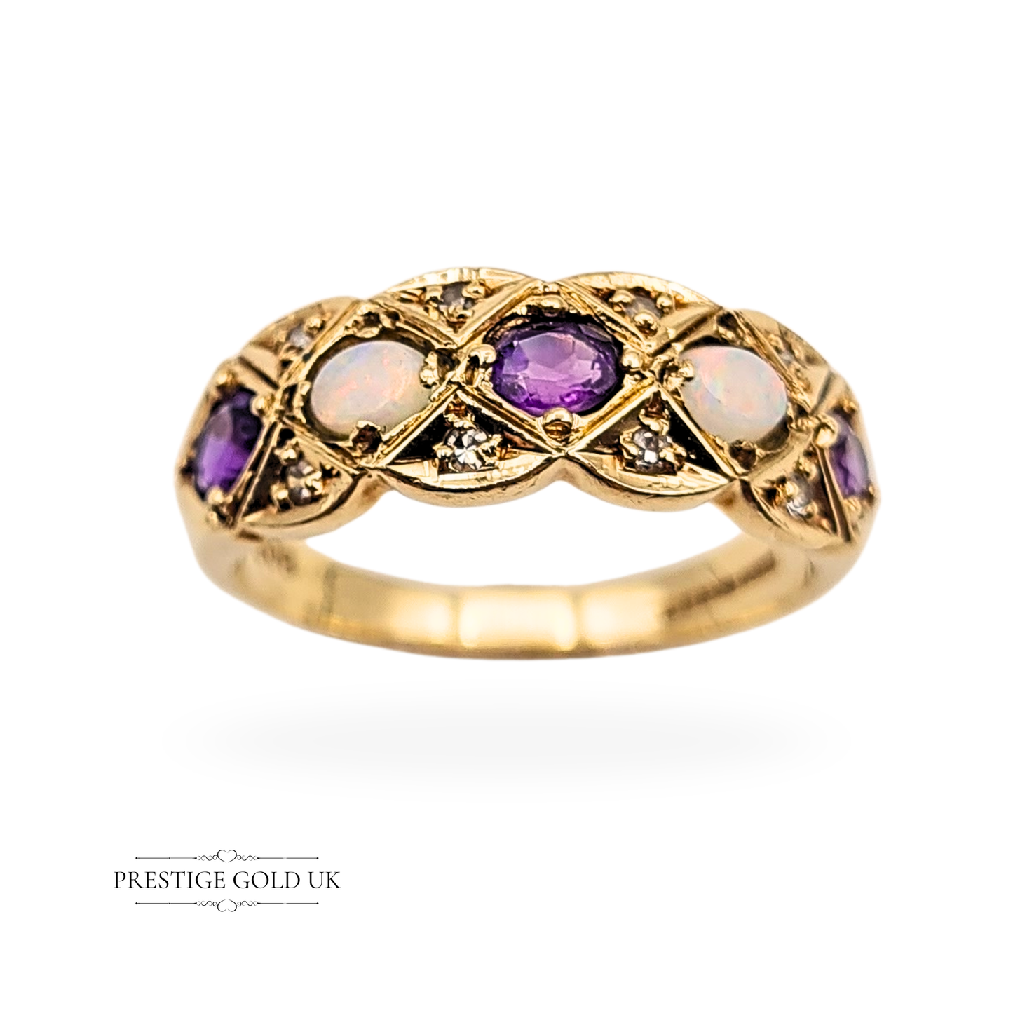 Vintage 9ct yellow gold amethyst, opal and diamond ring, fully hallmarked Birmingham 1969, UK size P / US 7 3/4, featuring alternating opal and amethyst gemstones set in a diamond lattice design with tiny diamond accents, elegant vintage dress ring.