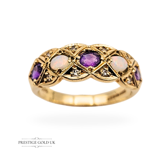 Vintage 9ct yellow gold amethyst, opal and diamond ring, fully hallmarked Birmingham 1969, UK size P / US 7 3/4, featuring alternating opal and amethyst gemstones set in a diamond lattice design with tiny diamond accents, elegant vintage dress ring.
