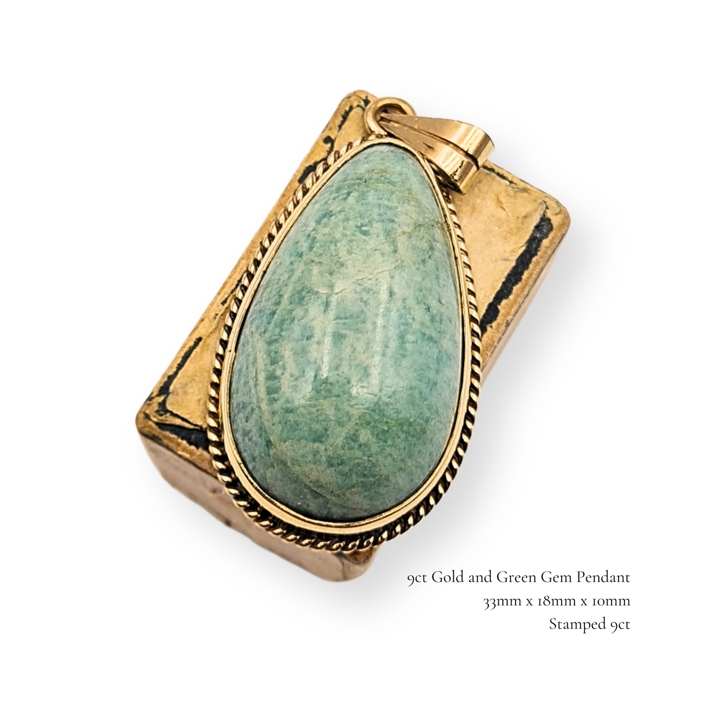 Large 9ct Gold Green Gem Pendant, Teardrop Cabochon