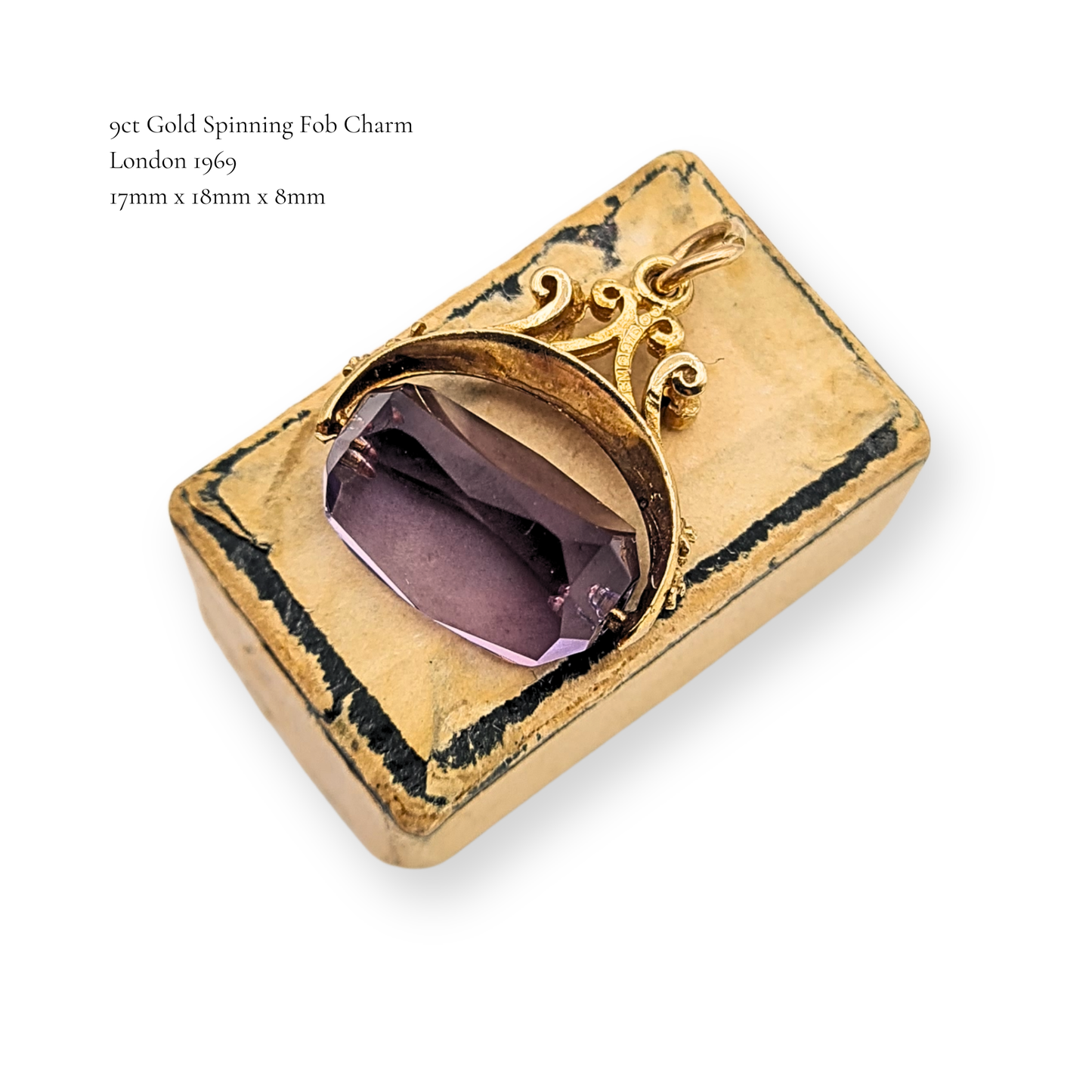 Small 9ct Gold Amethyst Spinning Fob Pendant, London 1969