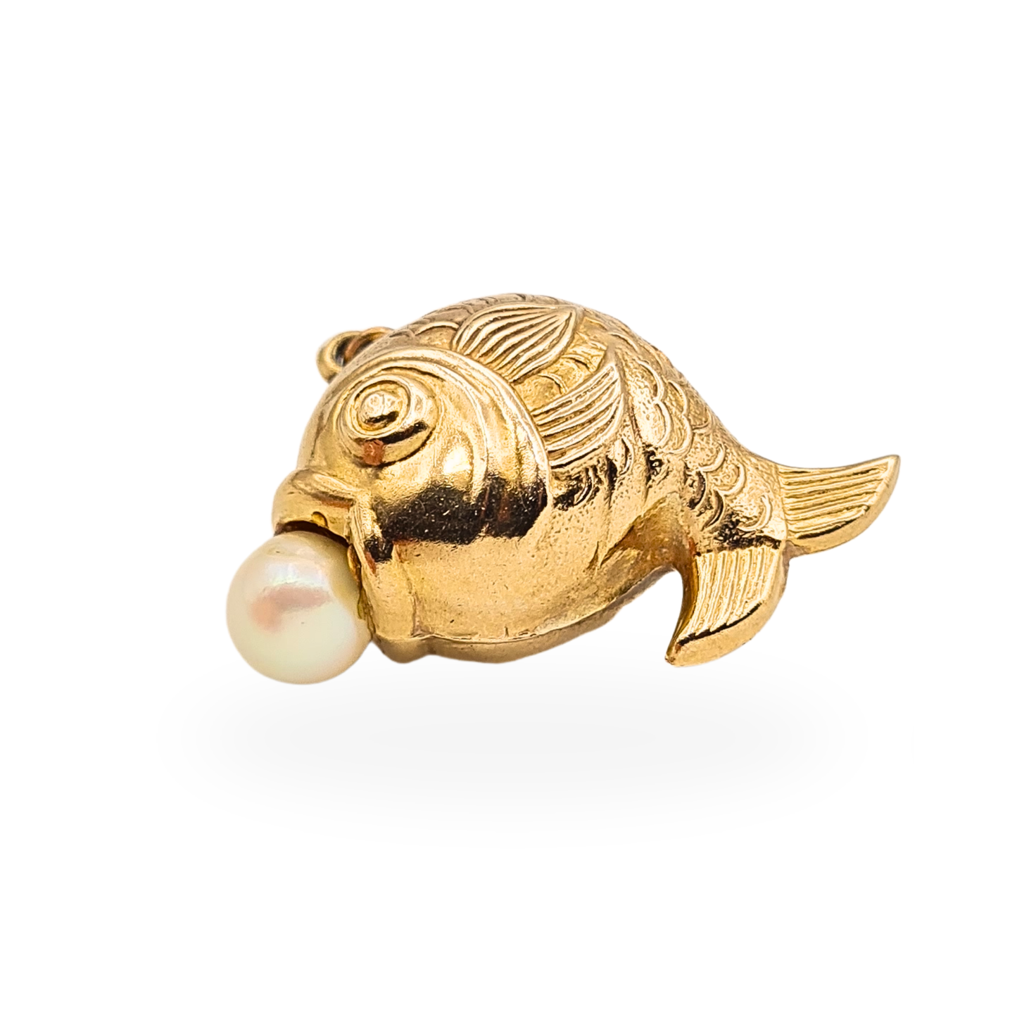 Vintage 9ct Gold Fish with Pearl Charm Puffy Cartoon Pendant Hallmarked 1972