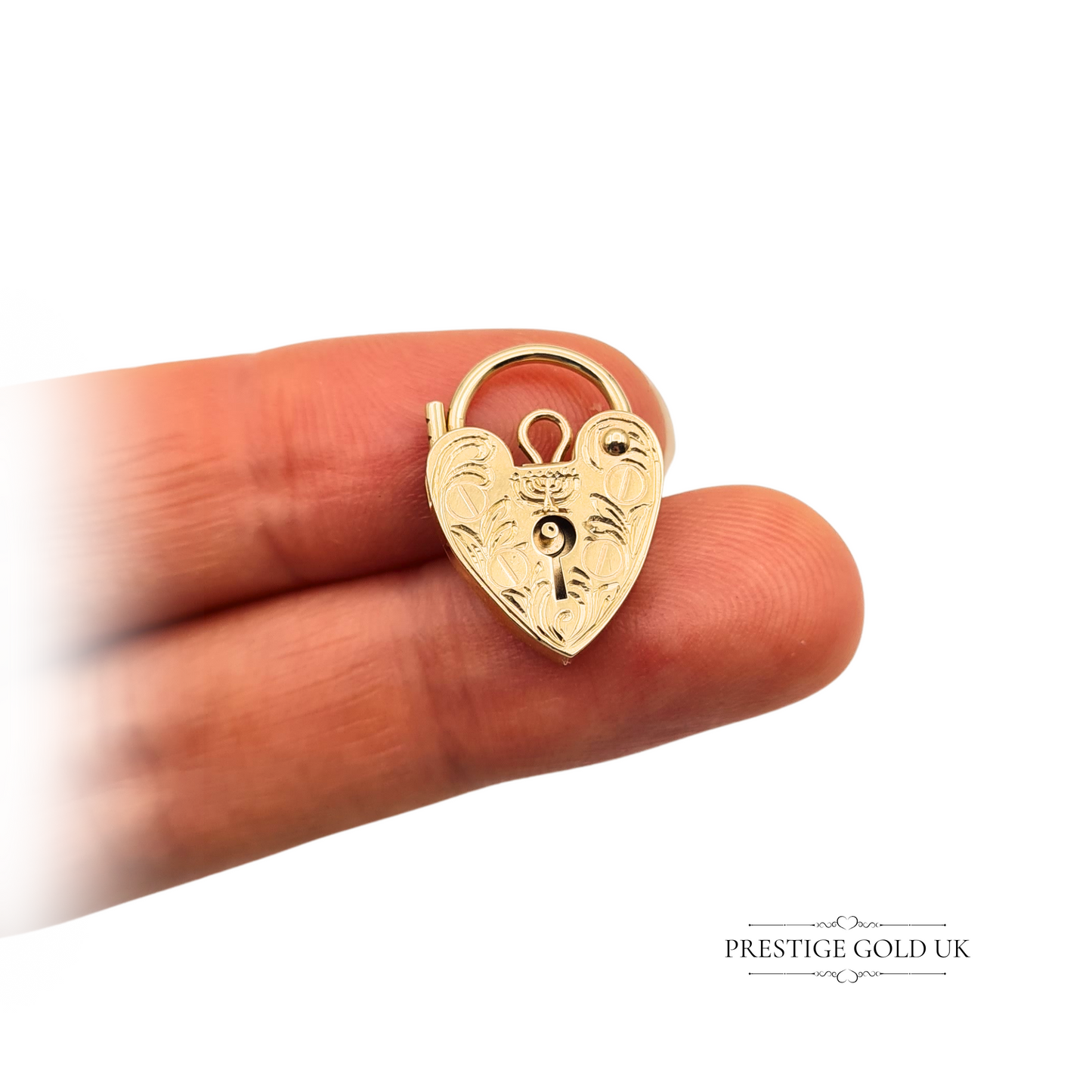 Small 9ct Gold Jewish Menorah Heart Padlock Ornate Engraving, London 1978