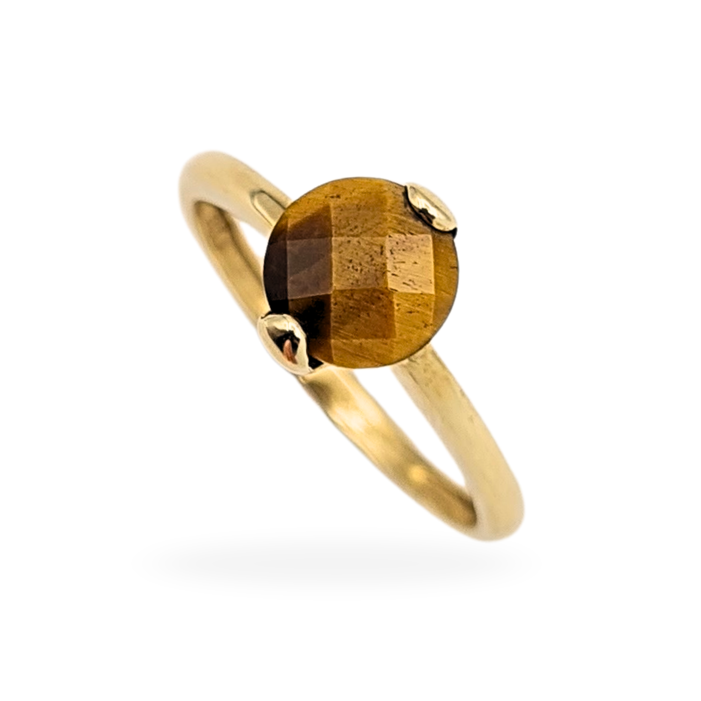 9ct Gold Tiger’s Eye Solitaire Ring, UK N / US 6.75, Faceted Round Gemstone