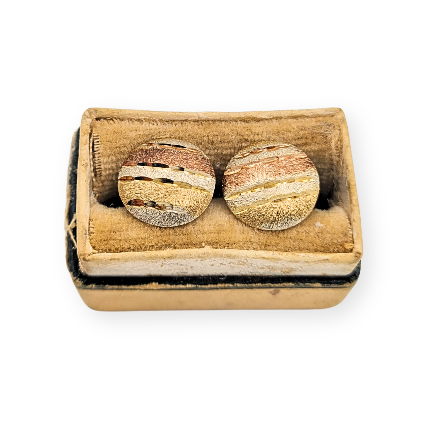 9ct Gold Two Colour Round Stud Earrings, 10mm Engraved Disc Design