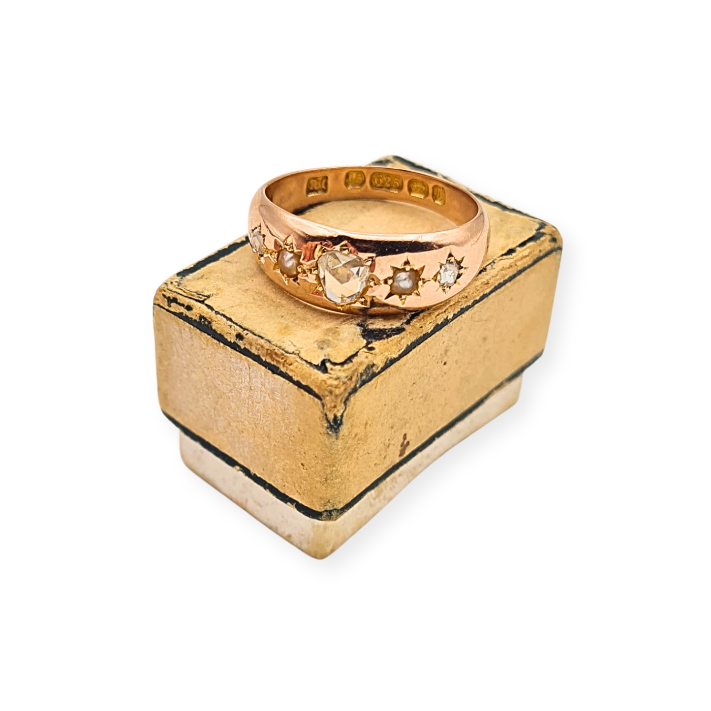 Antique 15ct Rose Gold Ring Heart Cut Diamond Pearl Birmingham 1891 UK J½