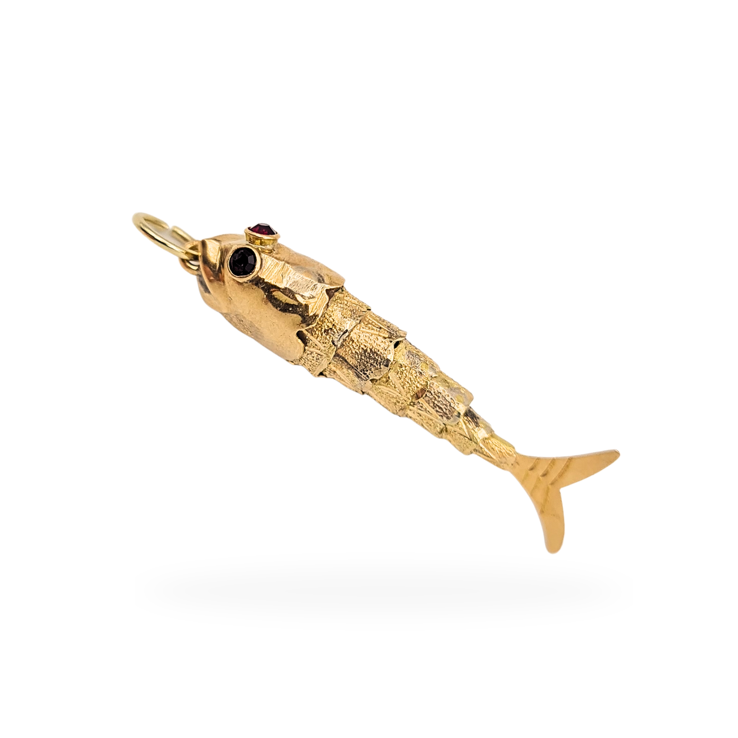 9ct Gold Articulated Fish Pendant Charm Red Stone Eyes