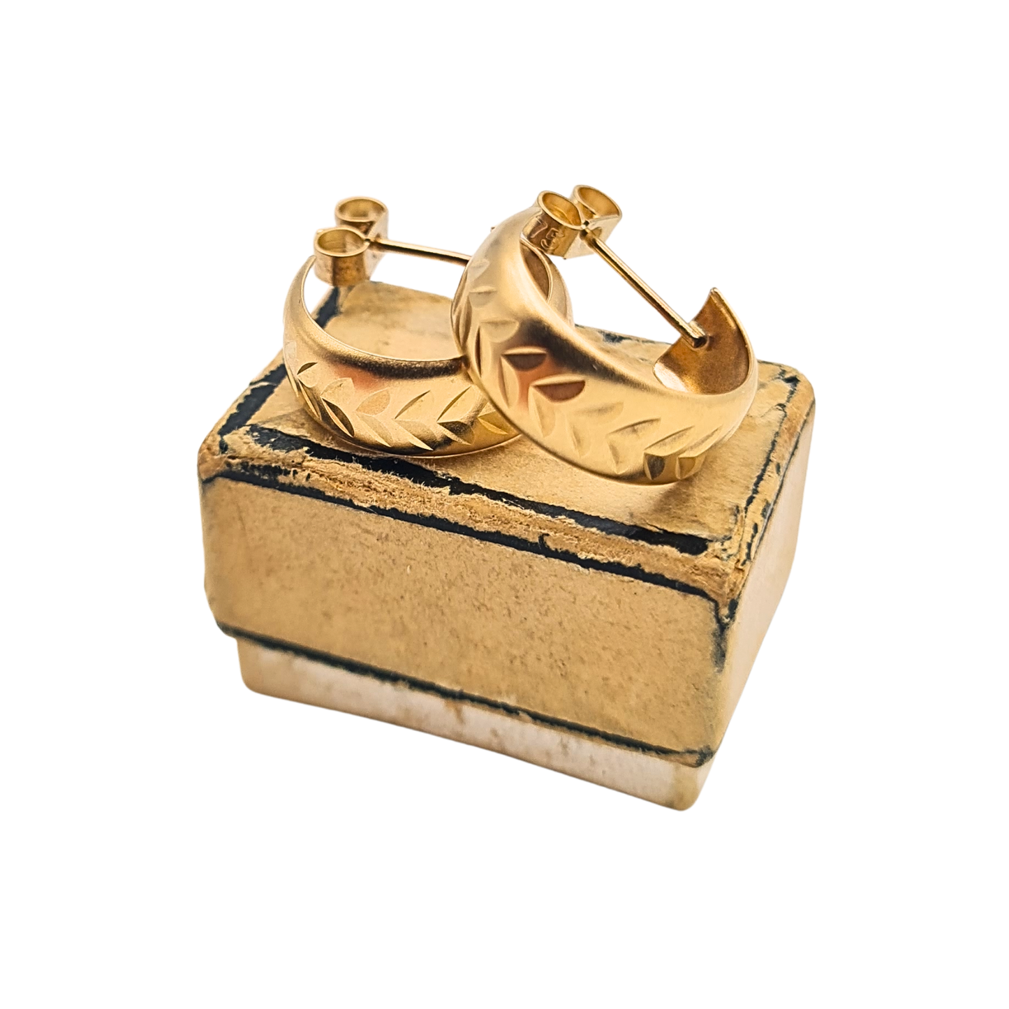Small 9ct Gold Half Hoop Stud Earrings  Satin Chevron Finish