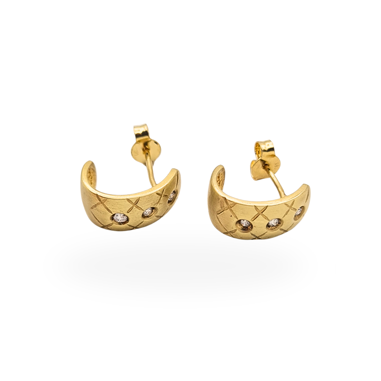 14ct Gold Diamond Set Half Hoop Earrings Satin Finish Cross Hatch Engraved