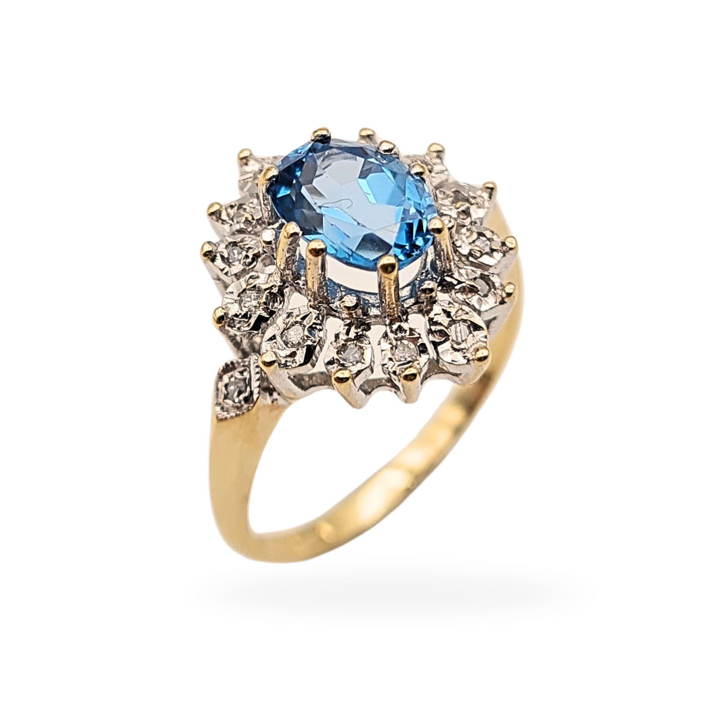 9ct Gold Oval Blue Topaz & Diamond Cocktail Ring - Size UK N, US 6 3/4,