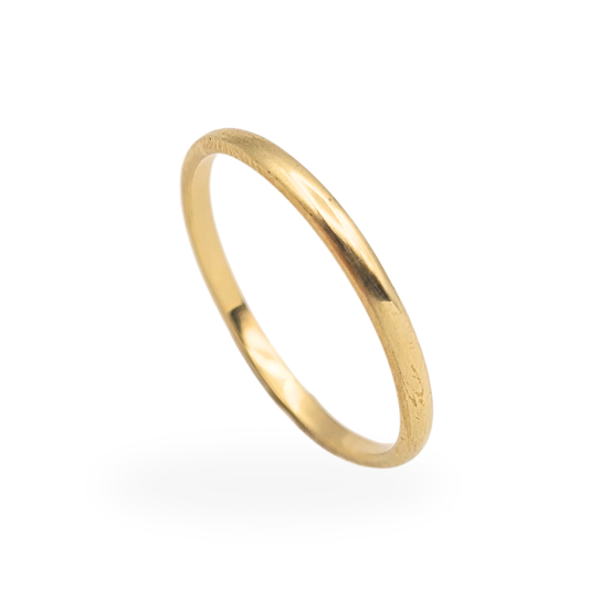 Slim 9ct yellow gold stacking ring measuring 1.7mm wide, lightweight 1.0g band in UK size N US 6.75, unhallmarked but fully tested, featuring a smooth polished finish ideal for stacking or everyday minimalist wear