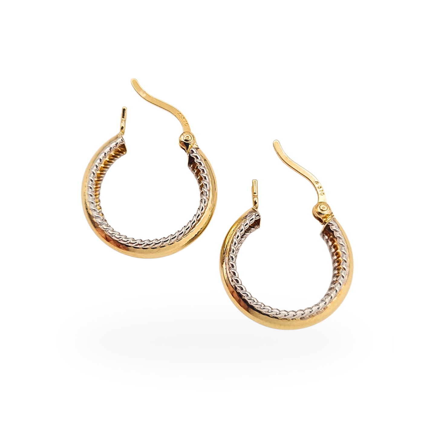Small 9ct Gold Fancy Hoop Earrings White Gold Scroll Detail 16mm Hoops