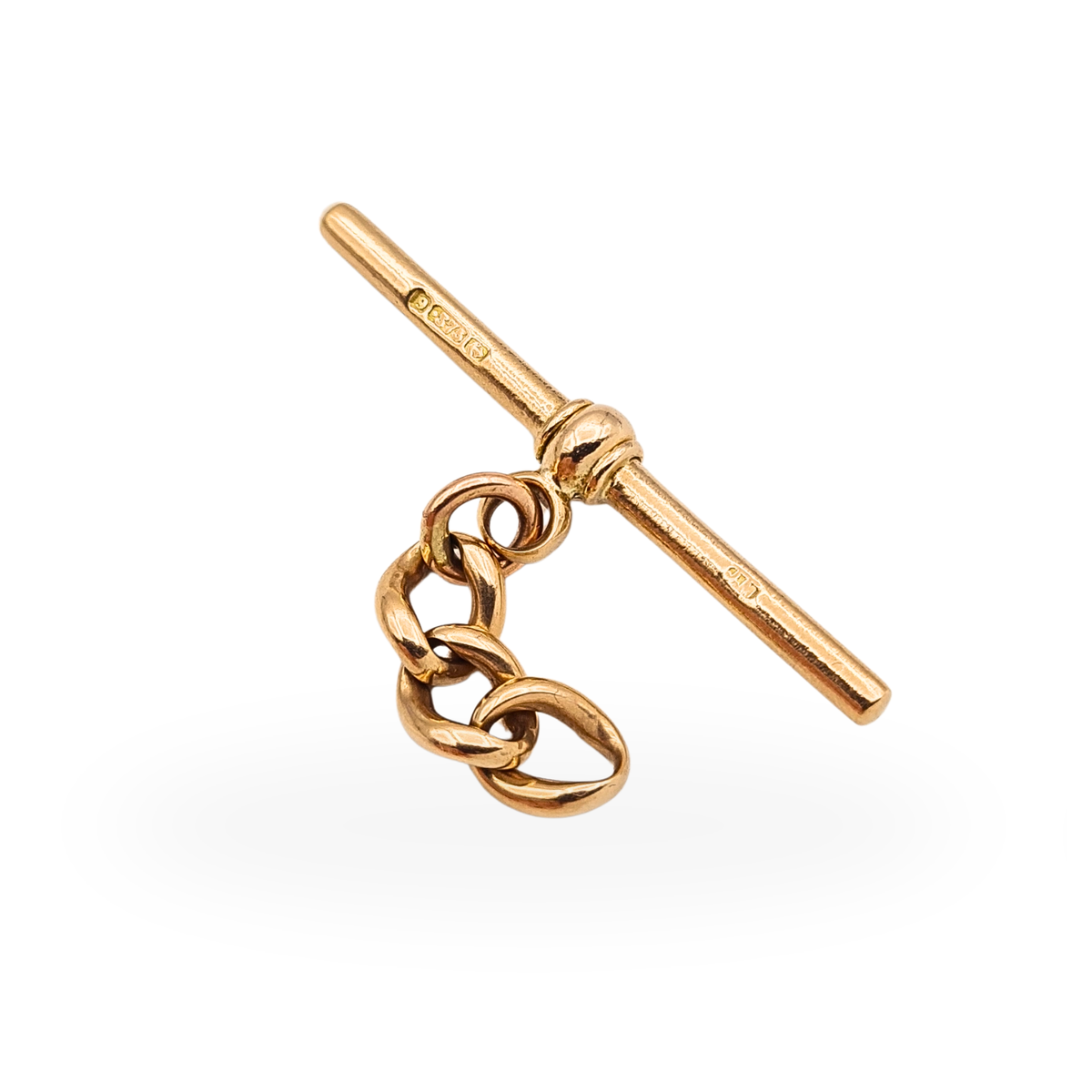 Solid 9ct rose gold Albert chain T-bar with curb links, 4.91g, 41mm wide and stamped 9.375