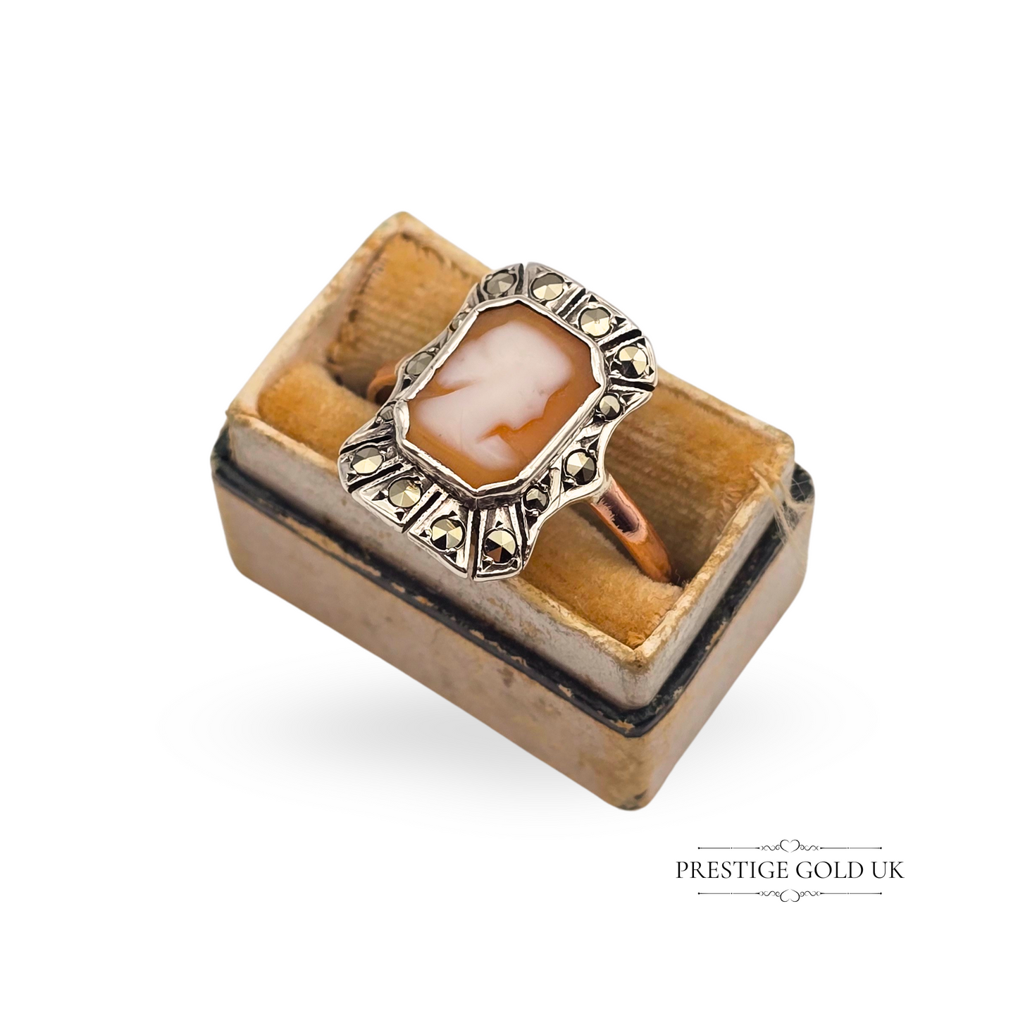 Antique 9ct Rose Gold & Silver Cameo Ring,  Marcasite Stones, UK R 1/2 US 8 3/4