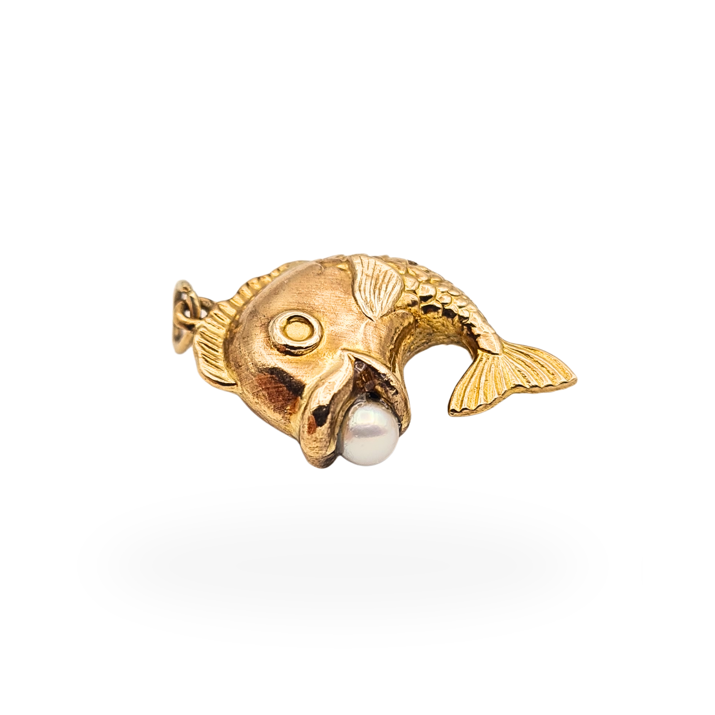 9ct Gold Lucky Fish Charm Pendant Pearl Puffy Fish