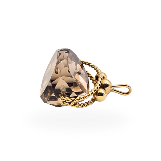 Vintage 9ct gold spinning smoky quartz fob pendant with twisted rope mount, fully tested, 22mm x 25mm.