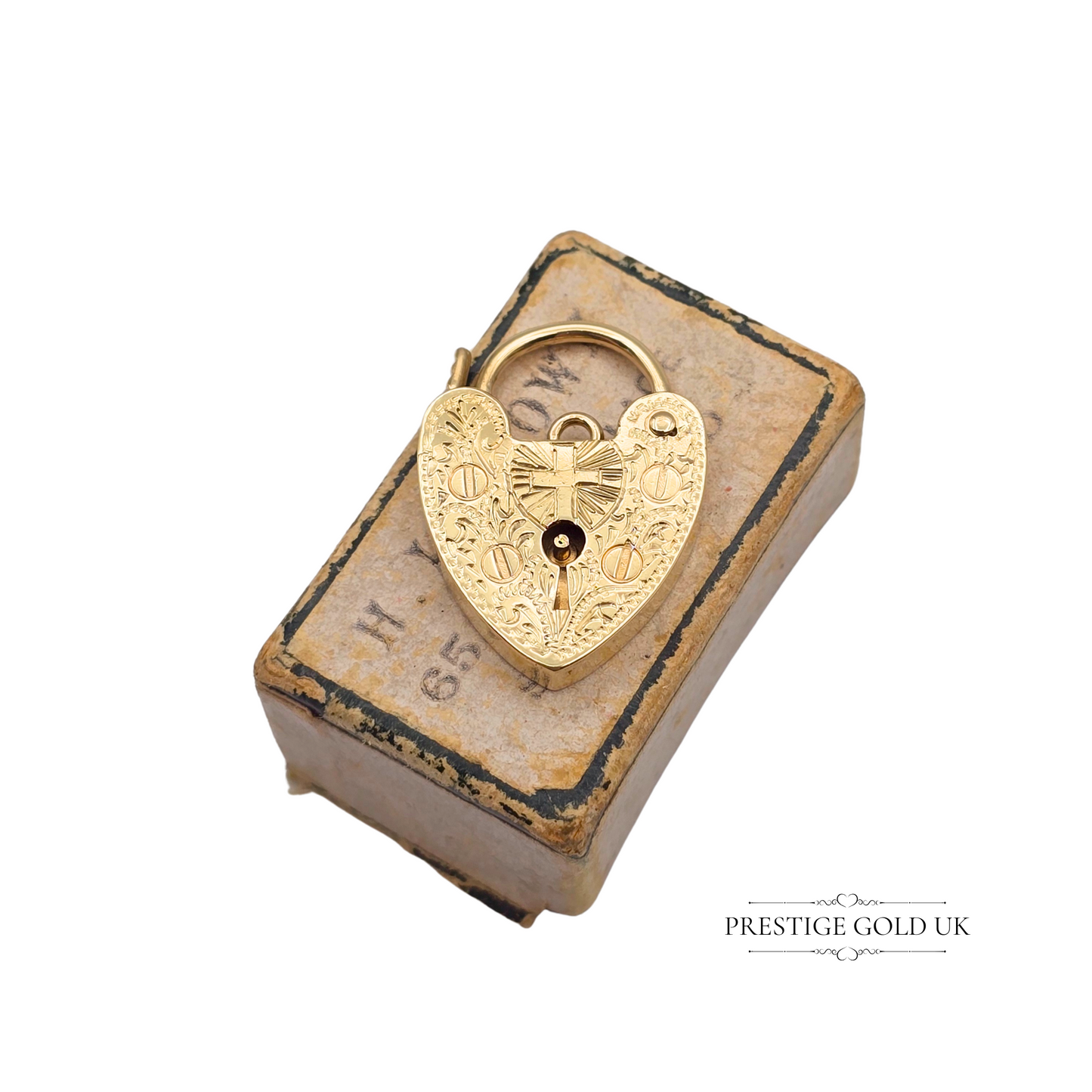 9ct Gold Heart Padlock Charm, Engraved Crucifix Cross Design Christian Symbolism