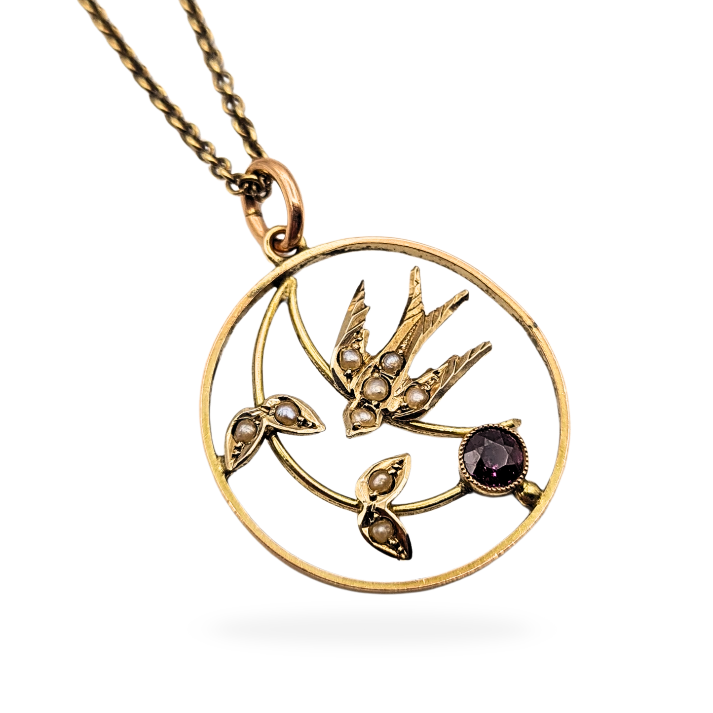 Antique 9ct Gold Swallow Pendant, Pearl Garnet, Stamped 9ct