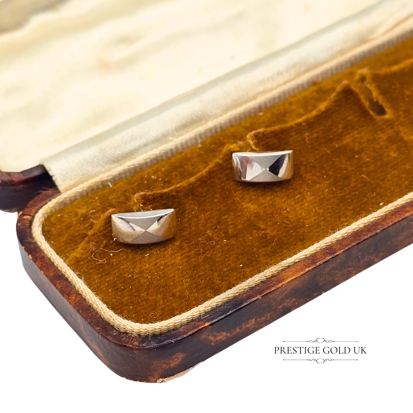 9ct White Gold Rectangular Stud Earrings, Two-Tone Dome with Geometric Facets