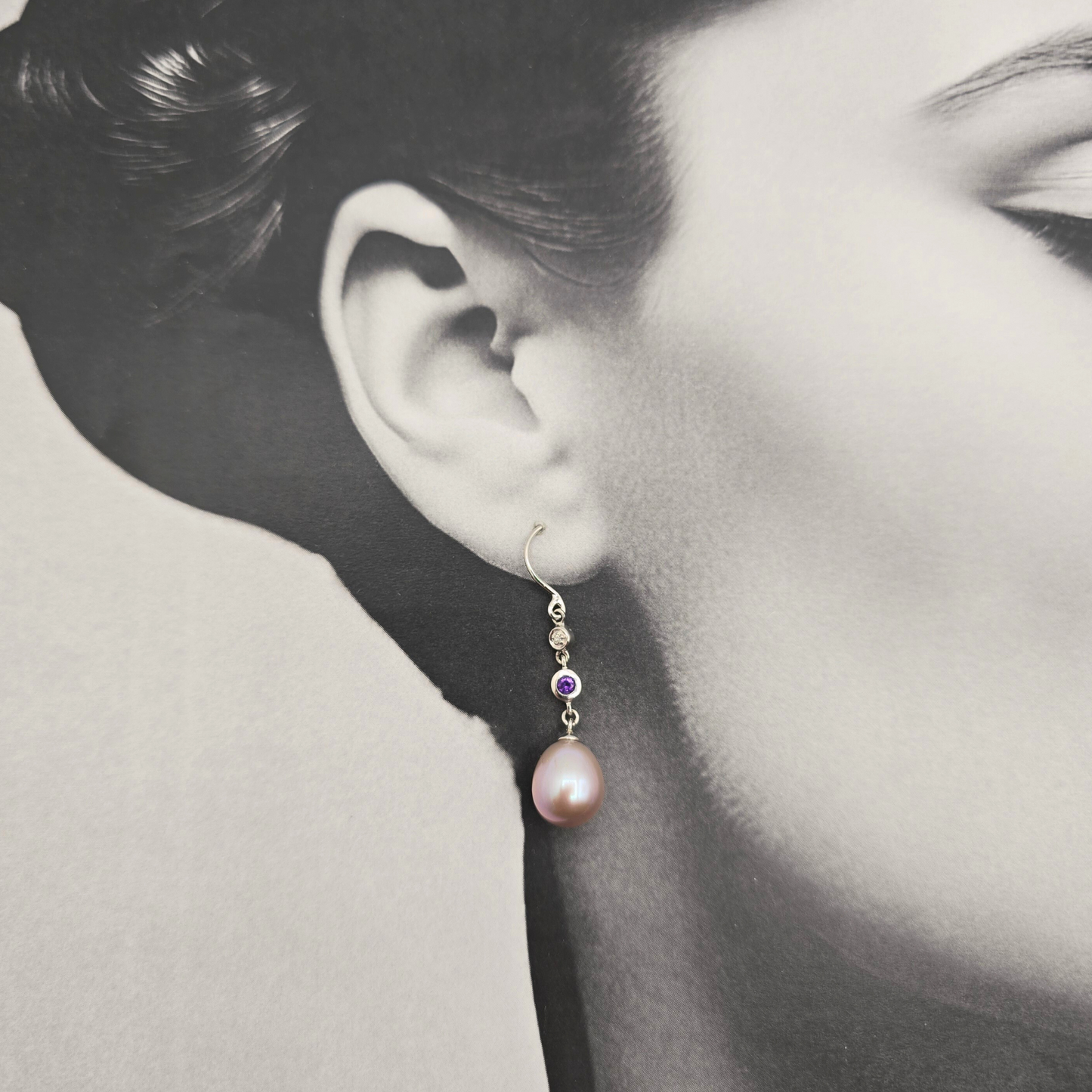 9ct White Gold Drop Earrings with Pink Freshwater Pearls, Amethyst & Diamonds