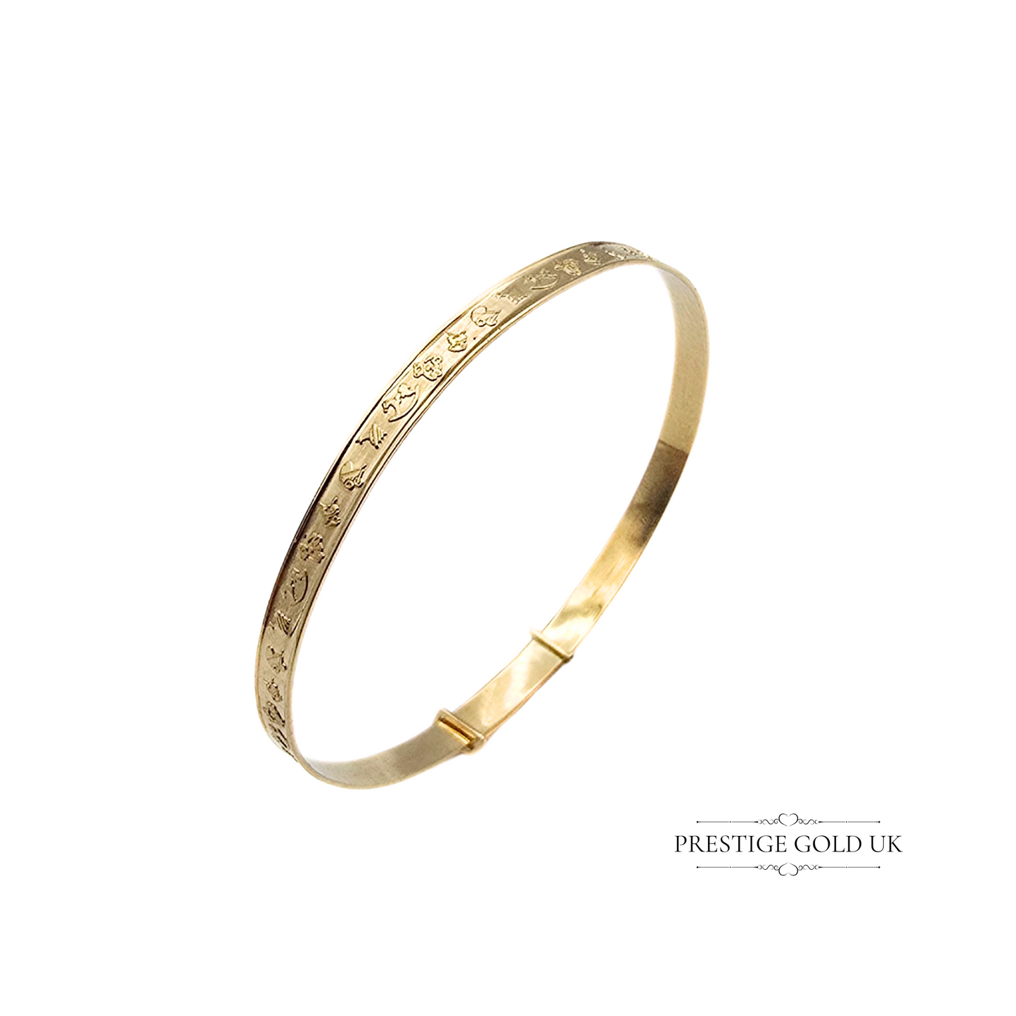 4 3/4" Vintage 9ct Gold Baby Bangle,  (12.5cm), 3mm Wide, Embossed Child's Toys Design, Christening Gift, Adjustable Gold Bracelet