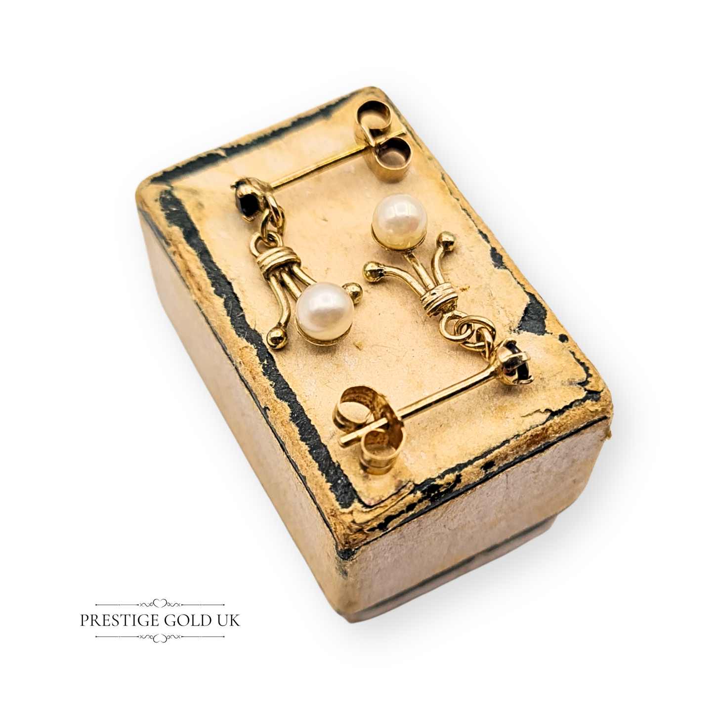 9ct Gold Pearl & Sapphire Earrings, 15mm Drop, Victorian Style