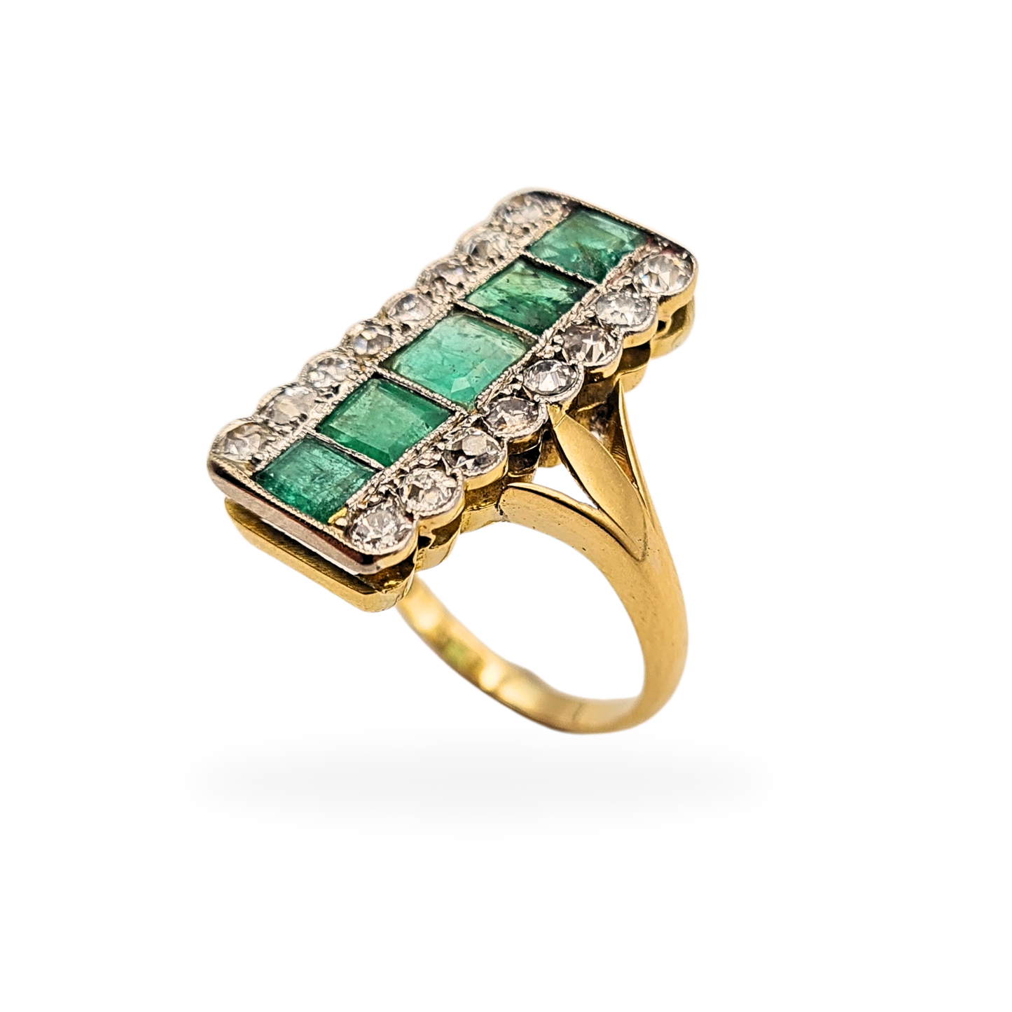 18ct Gold Emerald Diamond Ring, Old Cut, UK Q / US 8