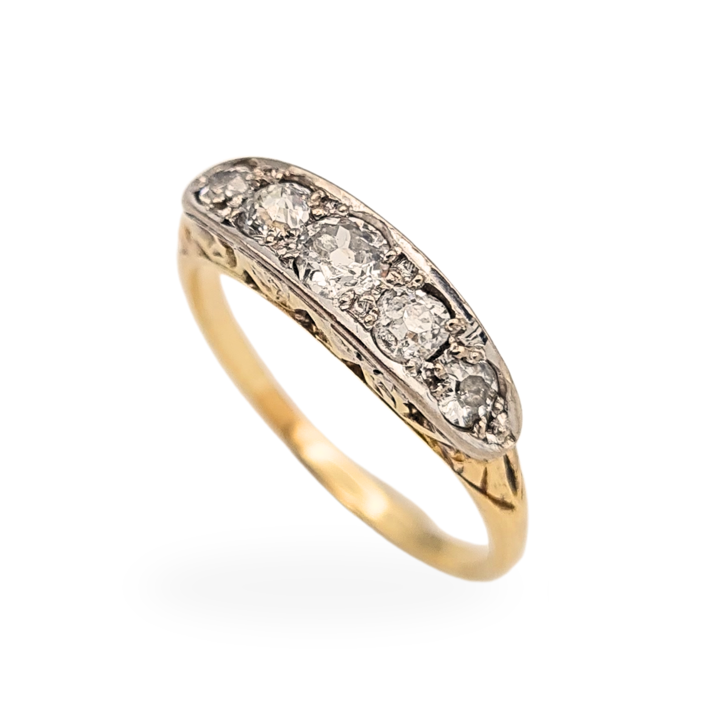 Antique Diamond Ring, 5 Old Cut Stones, 9ct/18ct Plat, UK K 1/2