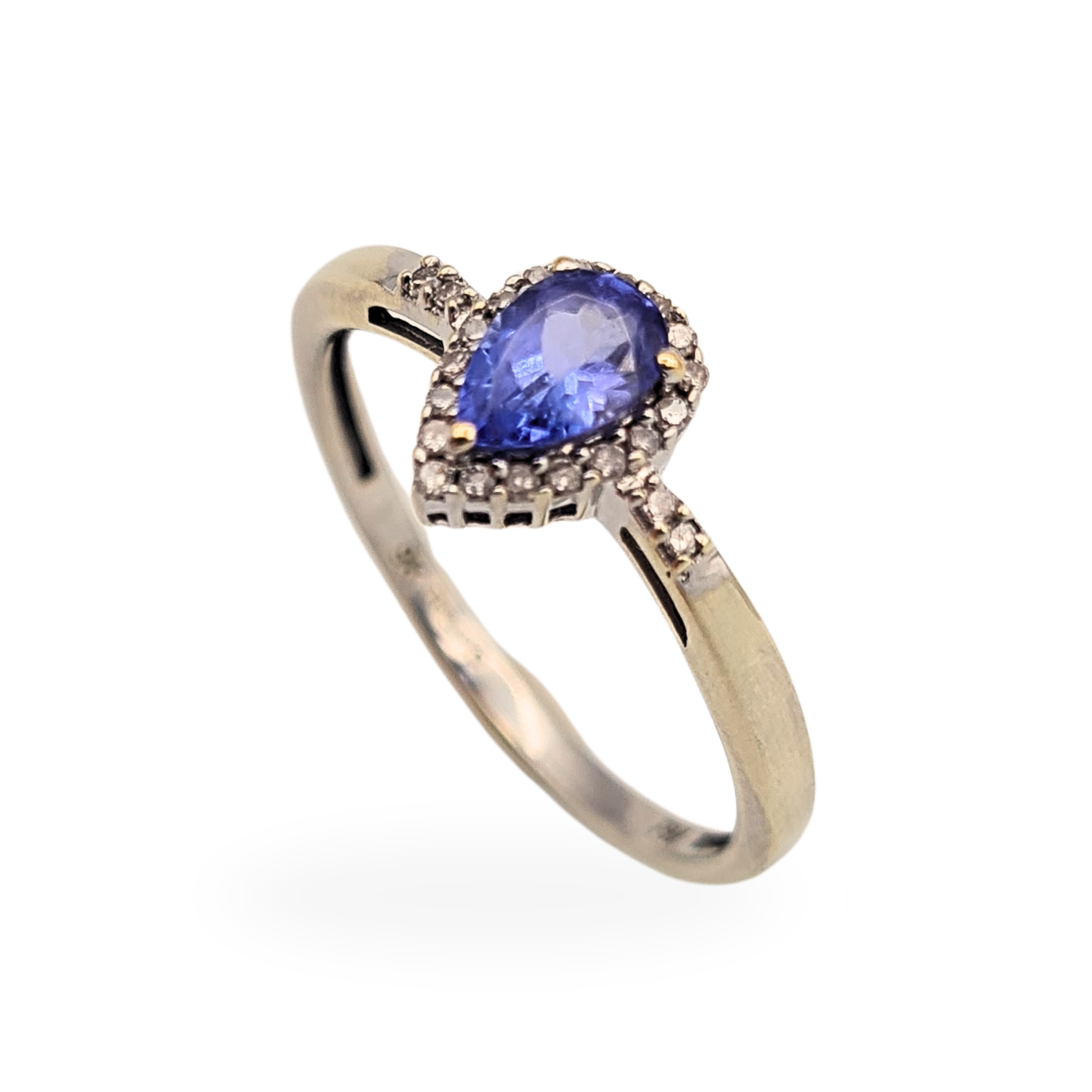 9ct White Gold Tanzanite Diamond Ring Pear Halo UK P US 7 3/4