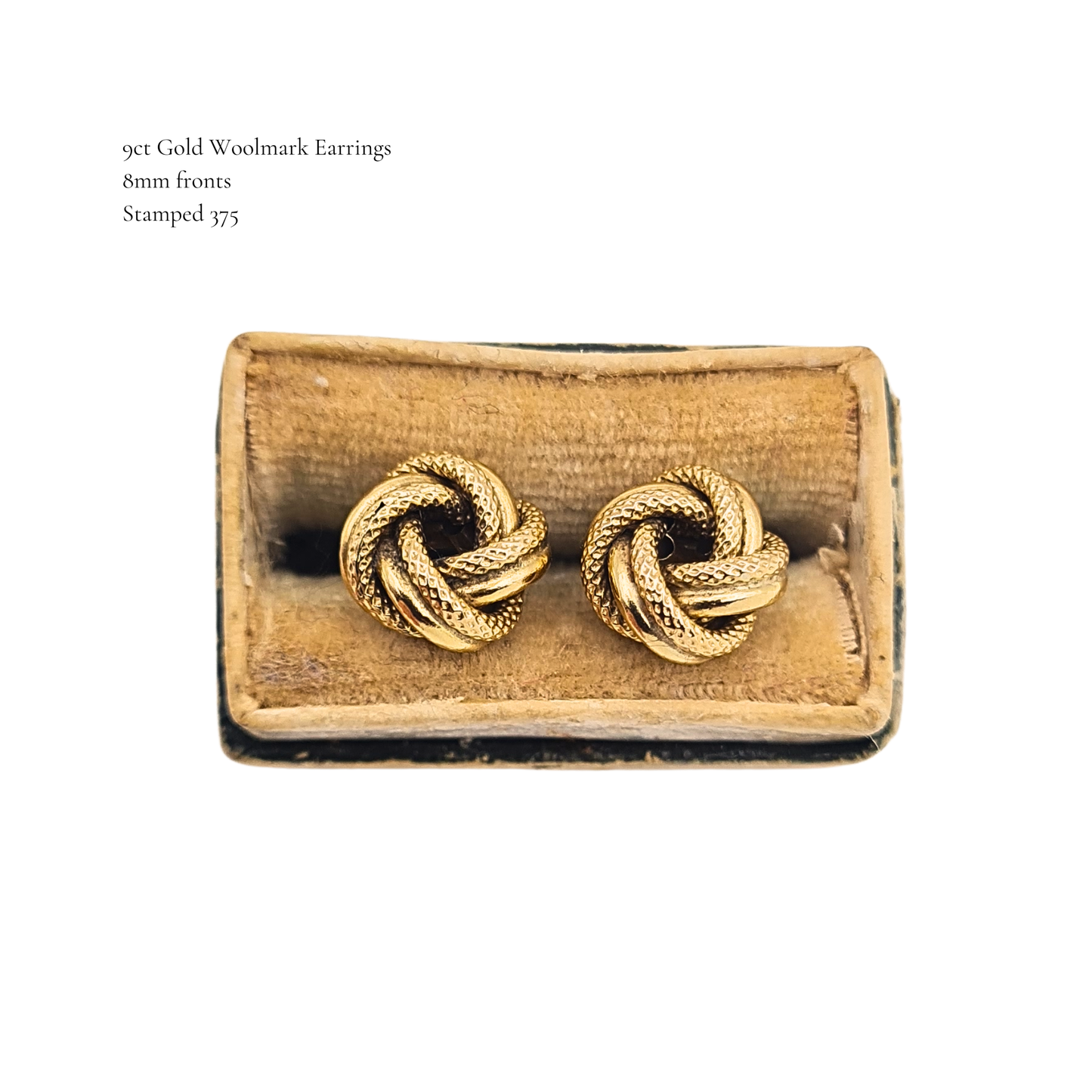 9ct Gold Woolmark Knot Earrings Textured Twist Stud Earrings 375