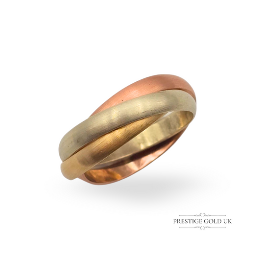 tri gold wedding ring, vintage russian ring, hallmarked gold ring, 1988 gold ring, 9ct three band ring, brushed finish ring, timeless gift ring, retro gold ring, Russian style ring, London hallmark ring, 9k gold ring UK, vintage gift idea, tricolour gold ring