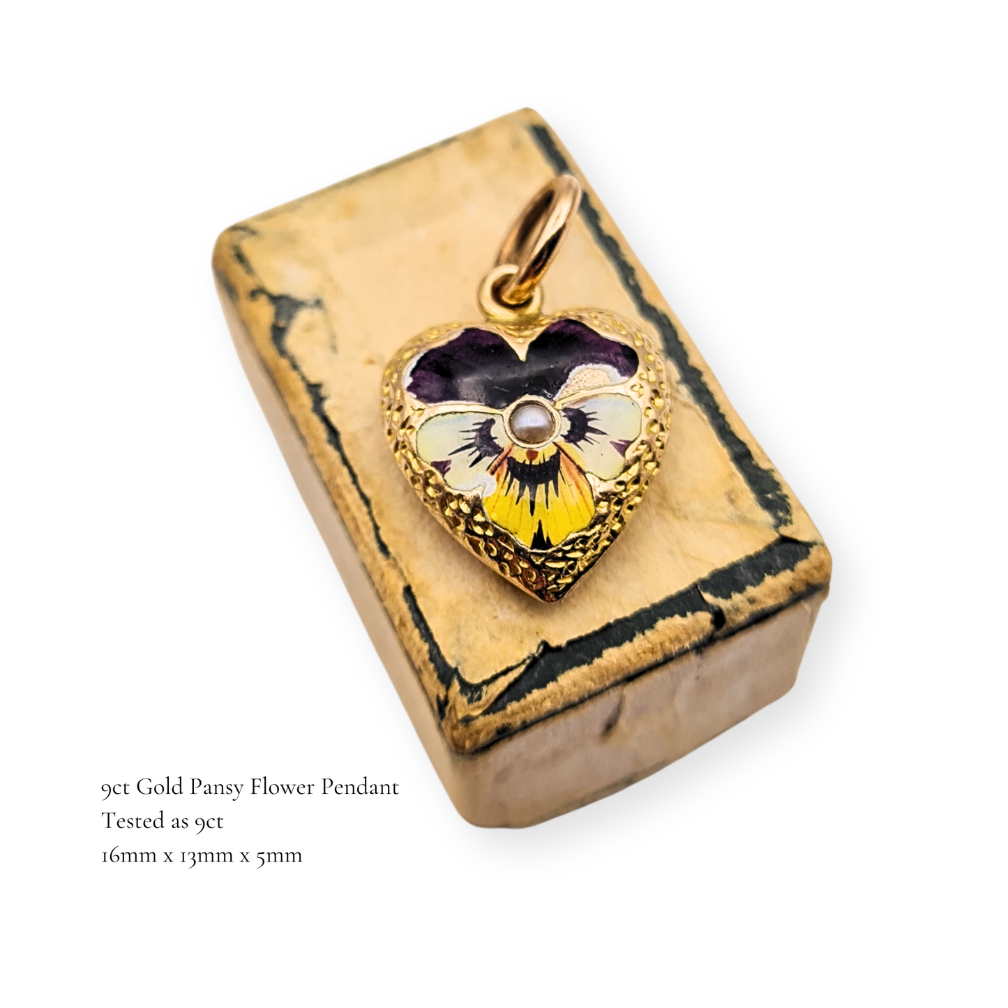 Tiny 9ct Gold Enamel Heart Pendant, Pansy & Pearl Gift