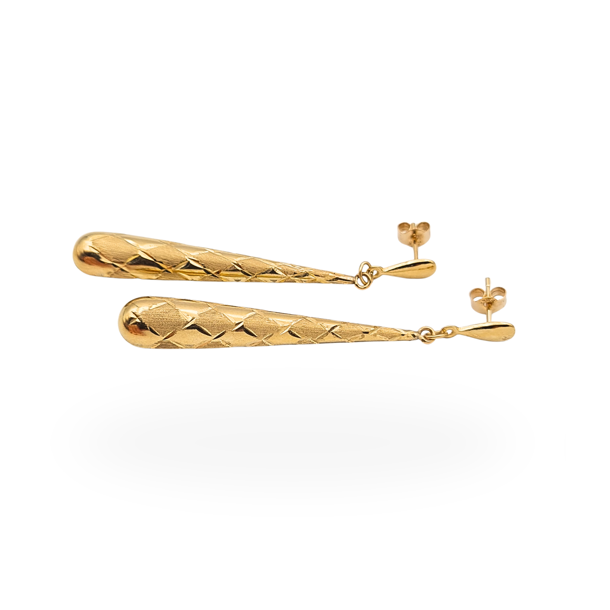 9ct Gold Long Drop Earrings,  Diamond Cut Textured Dangle Earrings