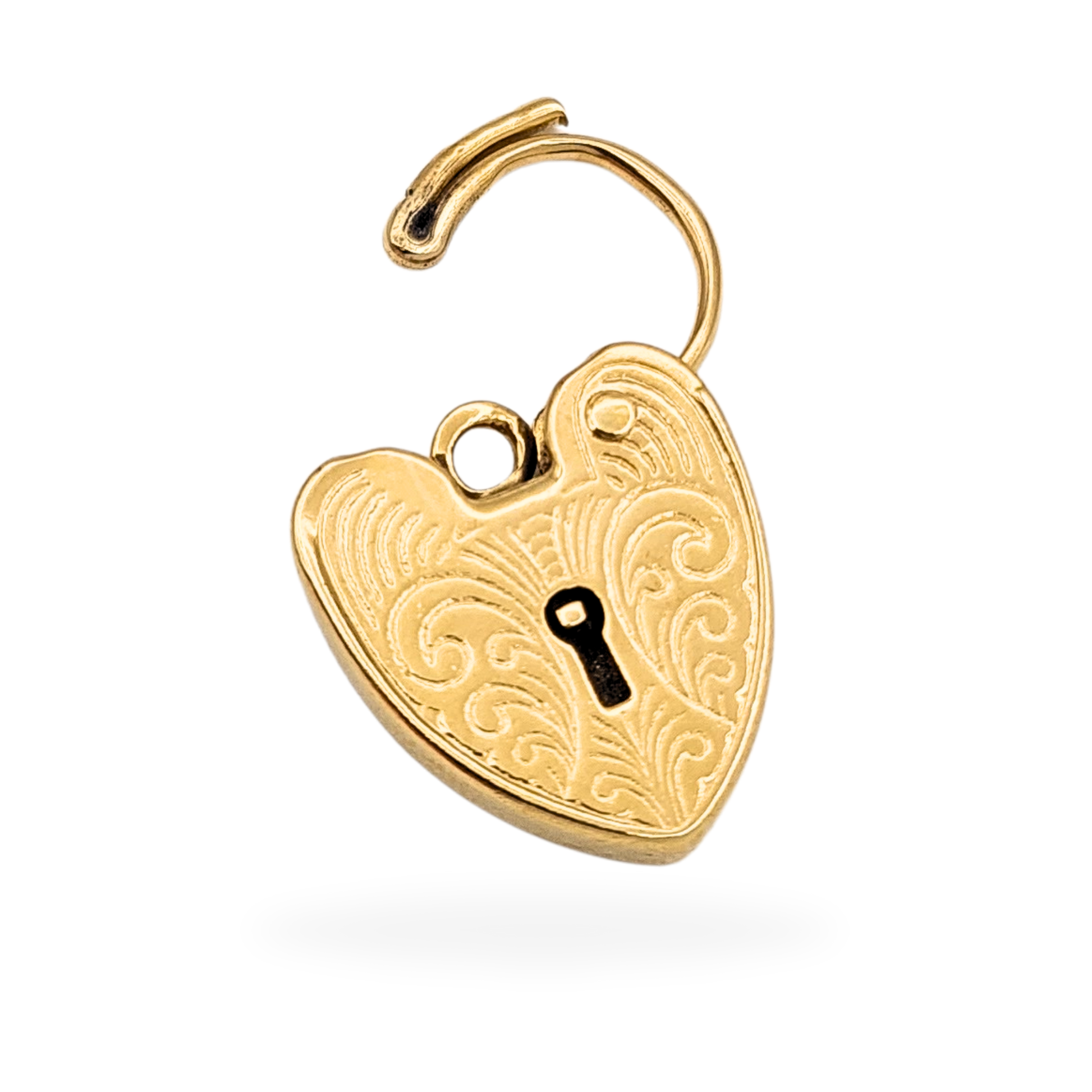 Vintage 9ct gold heart padlock clasp hallmarked London 1977, engraved with ornate scroll design on the front, polished back, 21mm tall x 14mm wide x 2.8mm deep, weighing 2.51g. Ideal as a bracelet or necklace fastener.