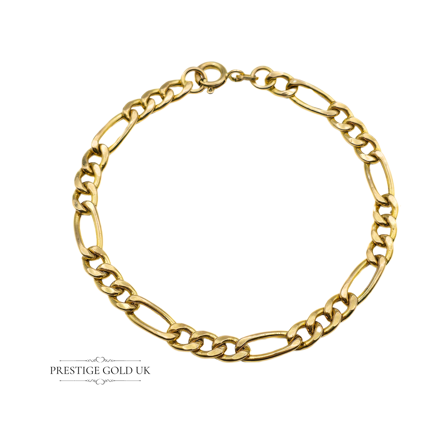 7" Vintage 9ct Gold Figaro Bracelet,  (18cm) Long, 5mm Wide, Hollow Design