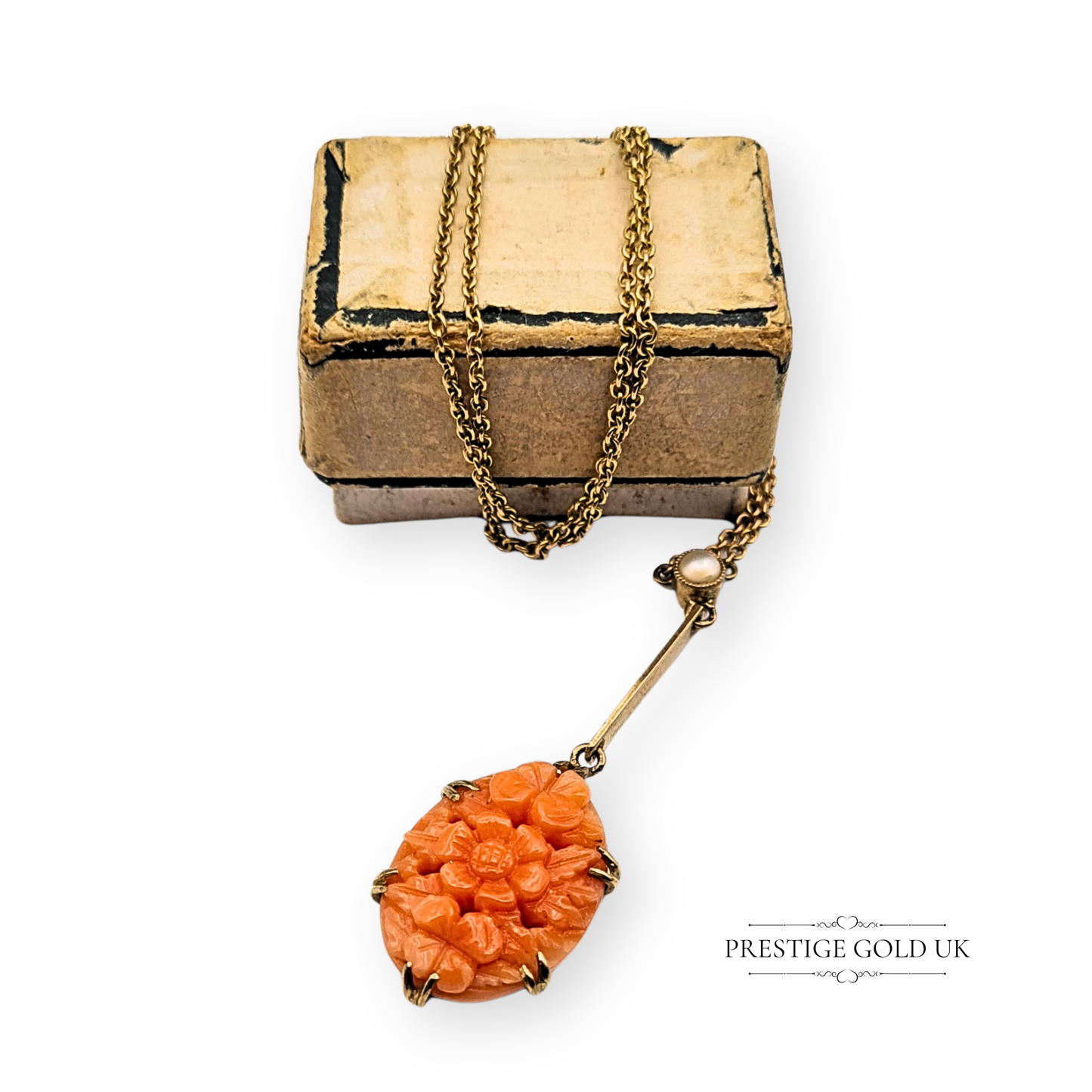 Antique 9ct gold necklace with hand-engraved floral coral pendant and seed pearl accent, 34mm drop on a 16-inch fine gold chain, 3.30g tested gold, Edwardian-inspired design, photographed by Prestige Gold UK.
