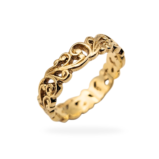 Vintage 9ct gold ornate scroll ring featuring floral and leaf openwork detailing, hallmarked in Birmingham. Solid gold band measuring 4.7mm wide, ring size UK M US 6 1/4, with warm vintage tone and well-defined decorative scrollwork.