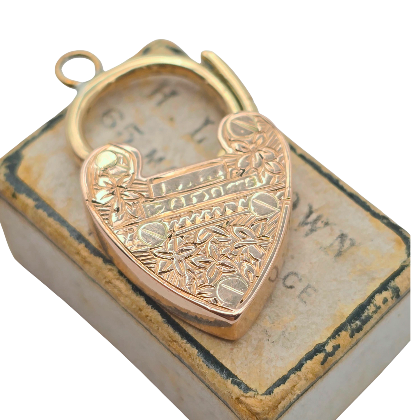 Antique Rose Gold Heart Padlock Clasp, Hand Engraved Chester Hallmark