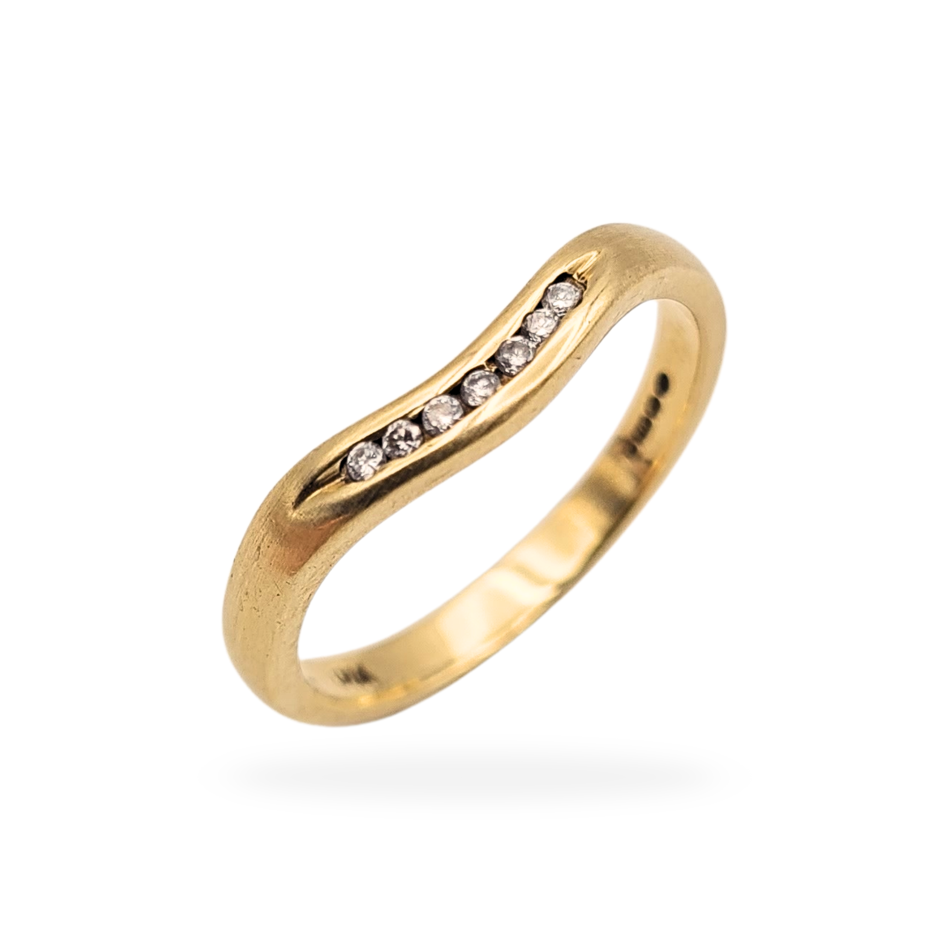 Vintage 9ct yellow gold wishbone ring with channel set diamonds, Birmingham hallmarked. Slim 2.5mm curved band design in UK size M 1/2 and US size 6 1/2, weighing 2.2g, shown from multiple angles highlighting the elegant contour and stone setting.