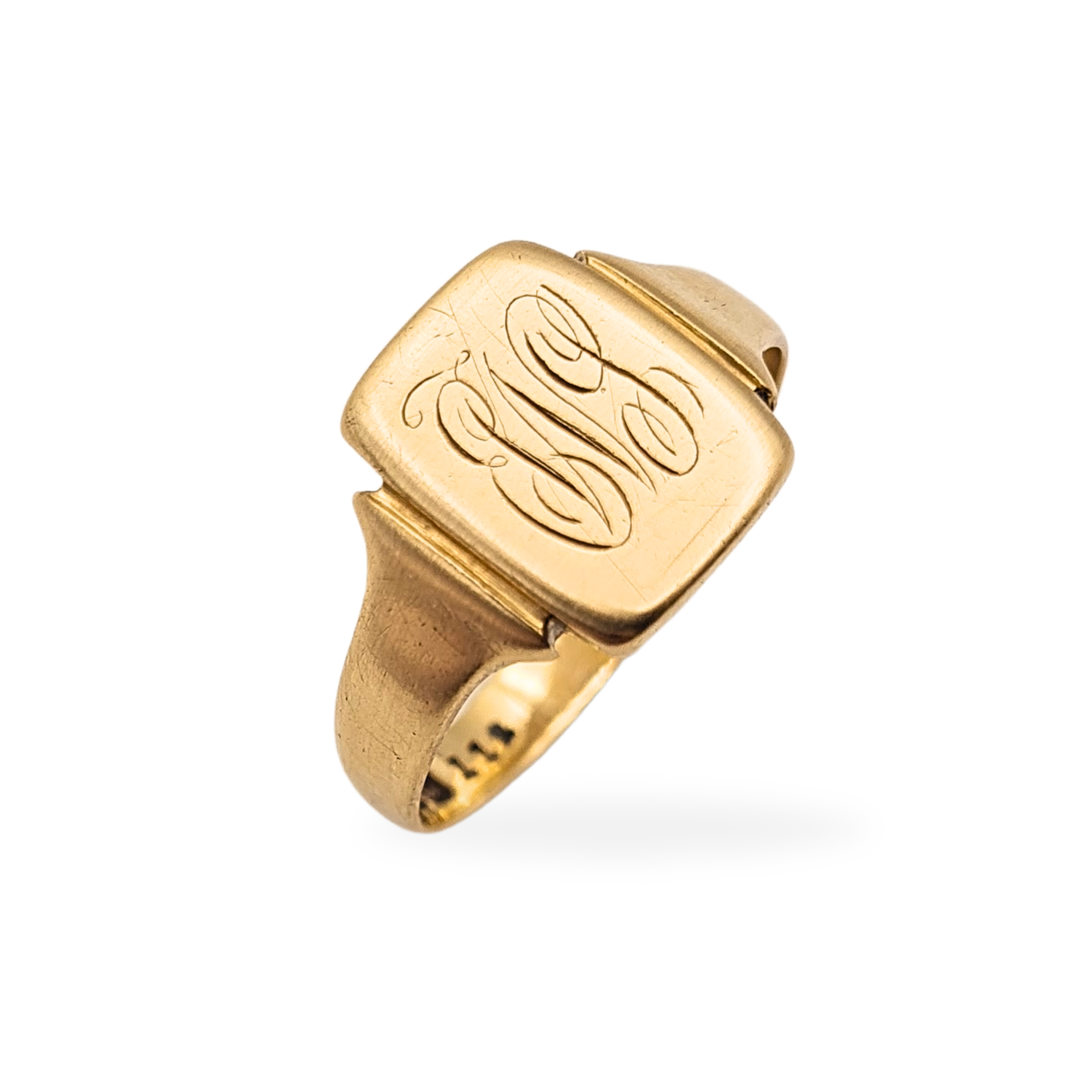9ct yellow gold signet ring weighing 3.77 grams, hallmarked Birmingham 1935. Vintage 1930s Art Deco style with engraved initials on 13x10mm face, size UK T½ / US 9¾. Classic men’s solid gold ring with warm antique patina.