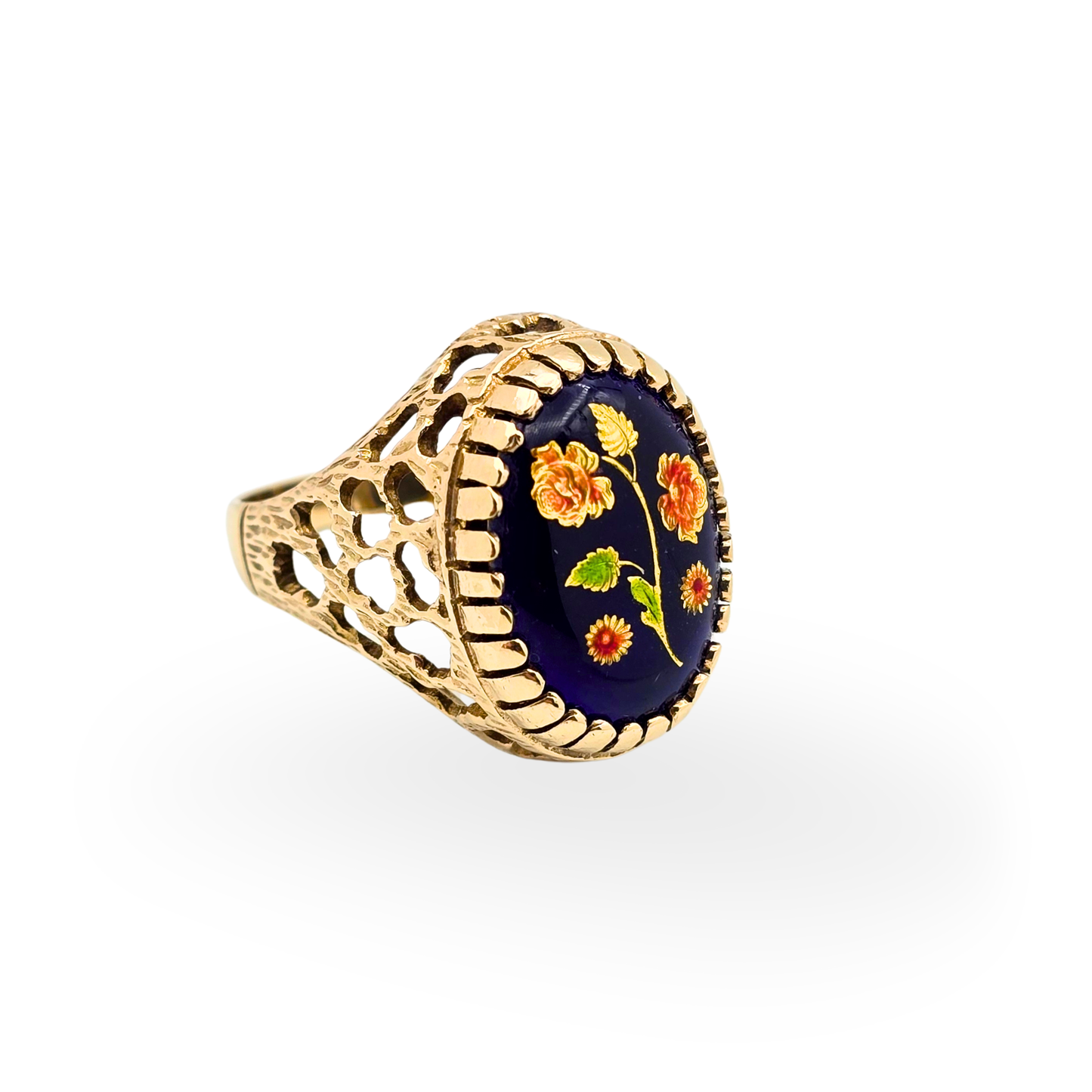 9ct Gold Cobalt Blue Floral Motif Enamel Ring, Size  UK N 1/2 US 6 3/4