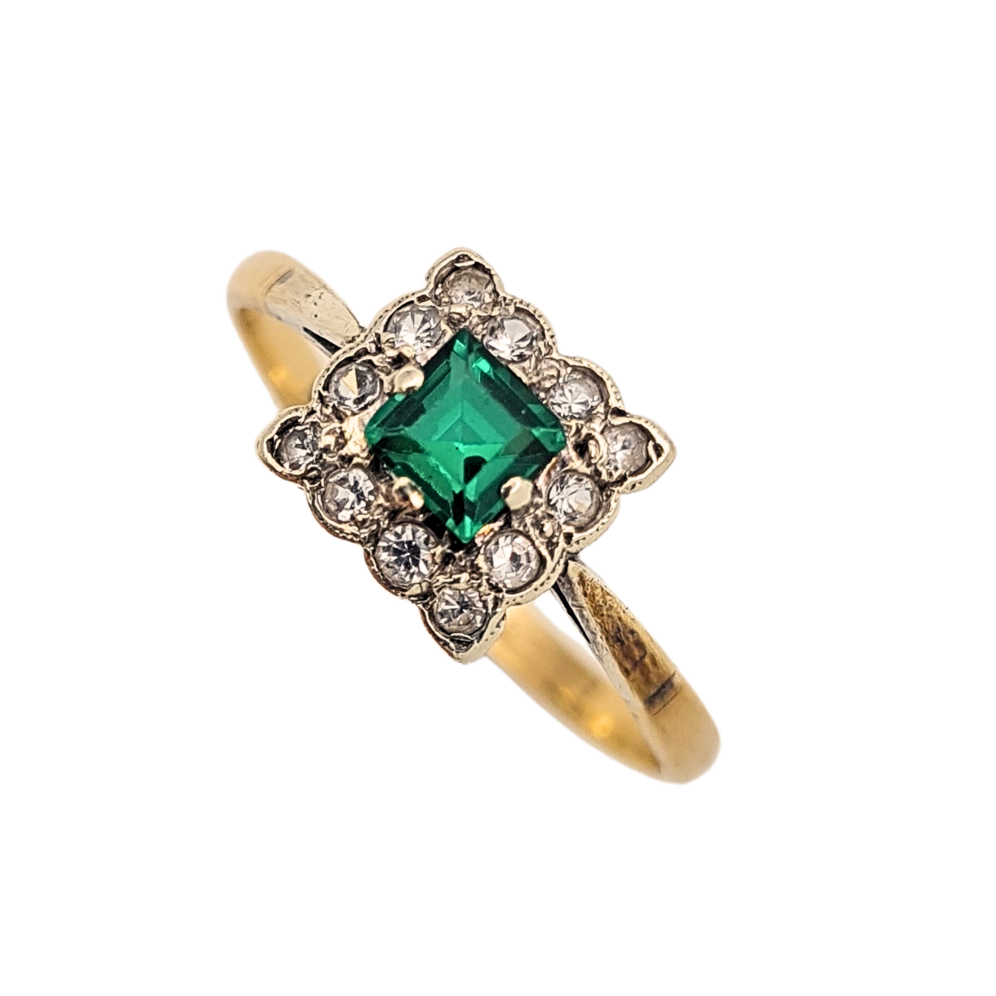 9ct Gold Square Paste Ring, Green And Clear Paste Stones UK R 1/2 US 9