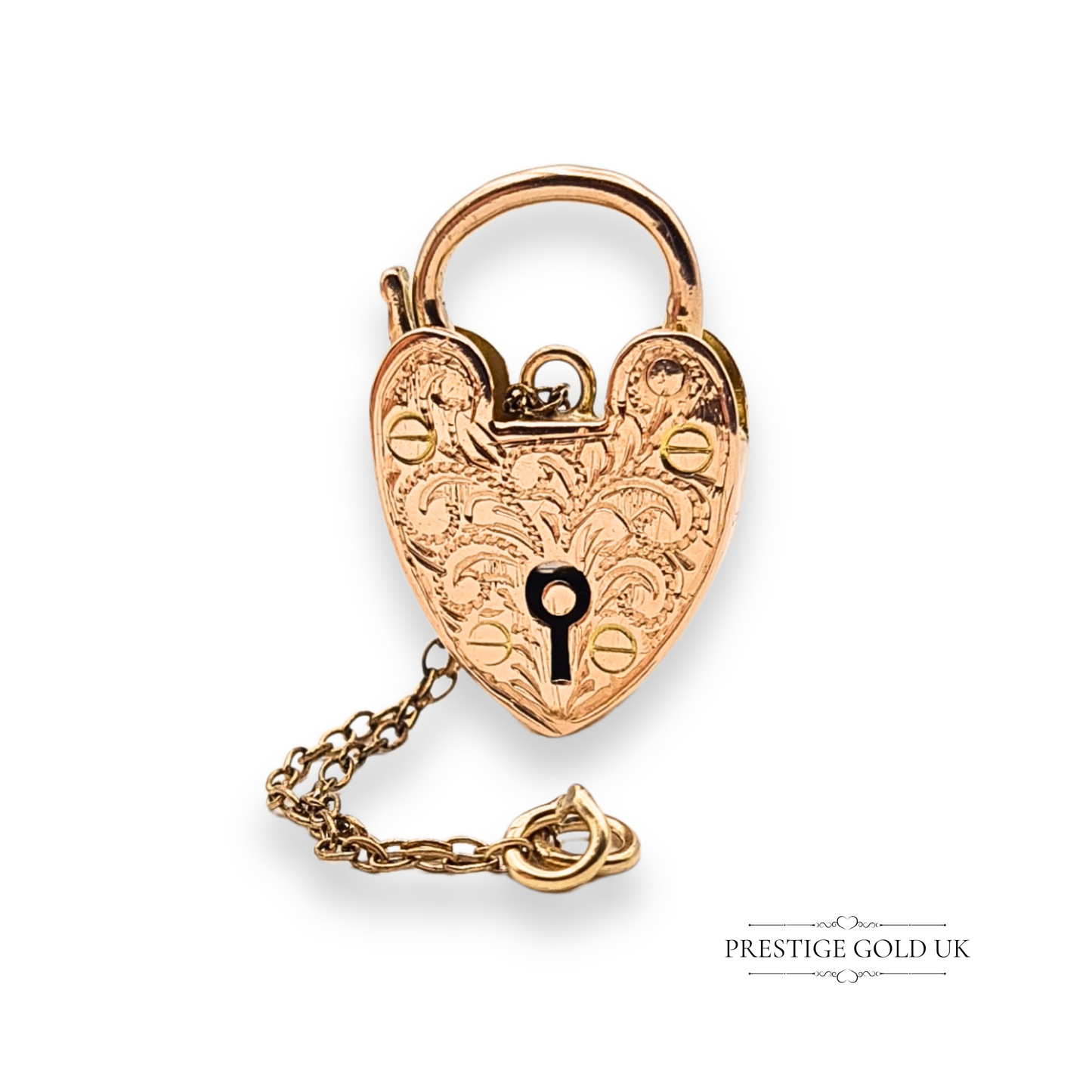 9ct Rose Gold Antique Heart Padlock Pendant, Engraved, With Safety Chain