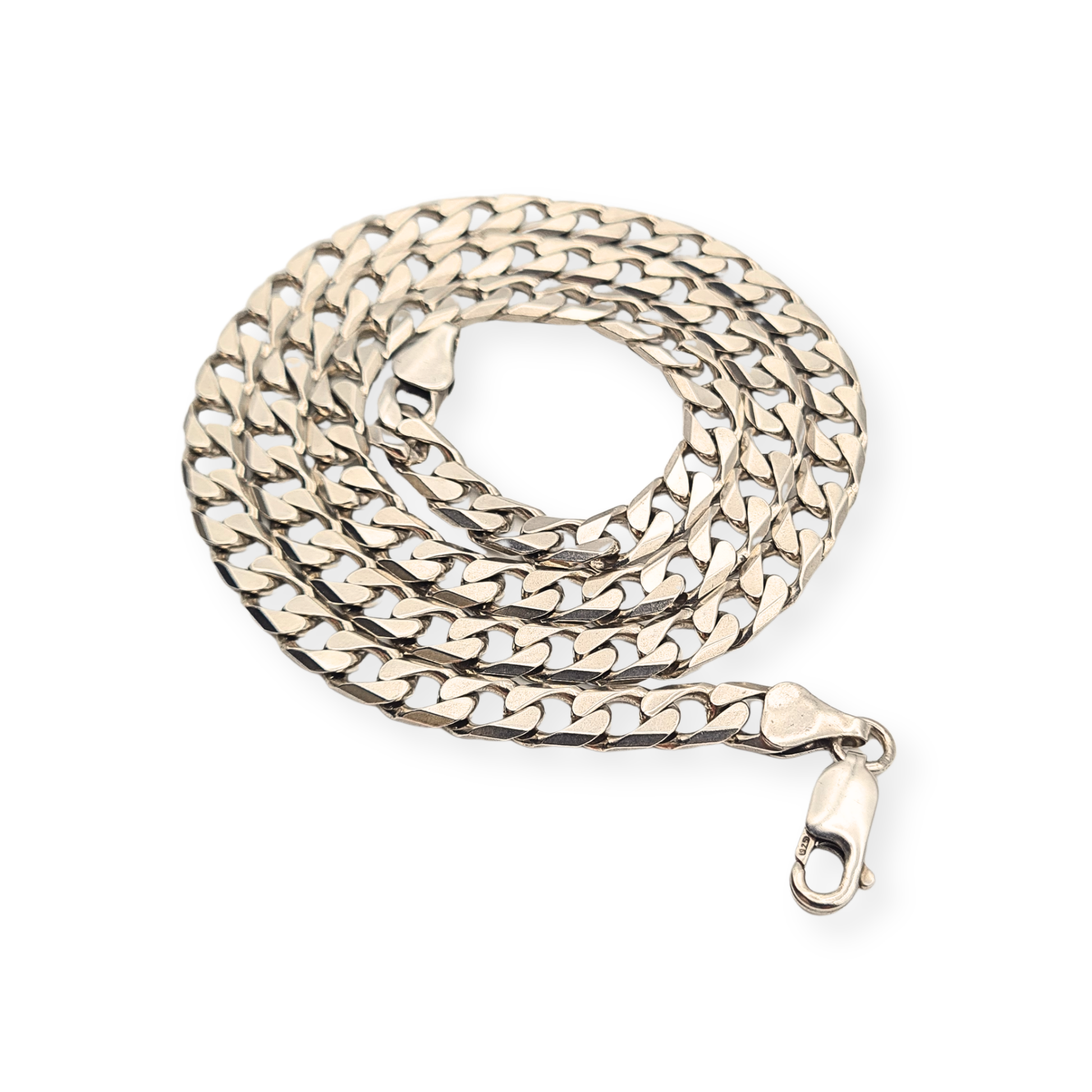 Vintage solid sterling silver flat curb chain necklace with British hallmarks