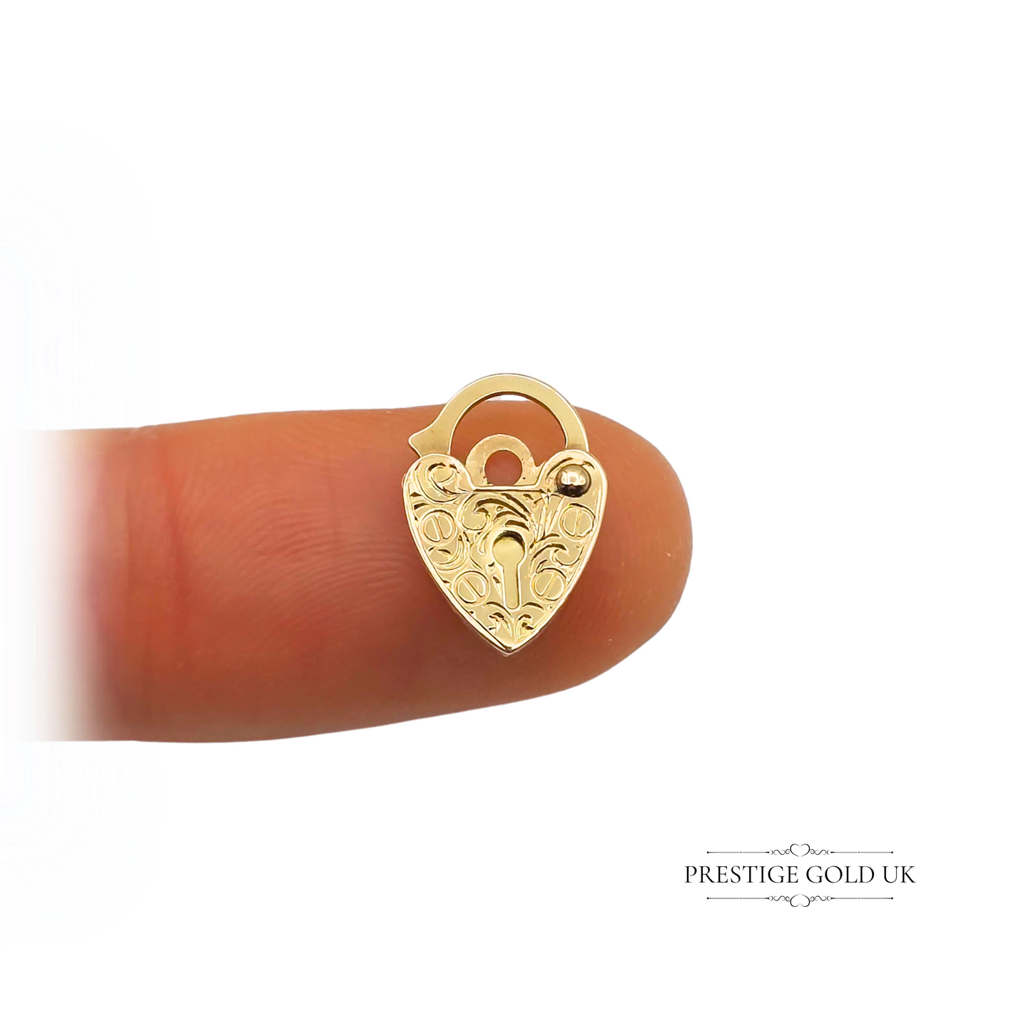 Tiny 9ct Gold Heart Padlock, Hand Engraved, Flat Design, 13mm Tall, Stamped 375