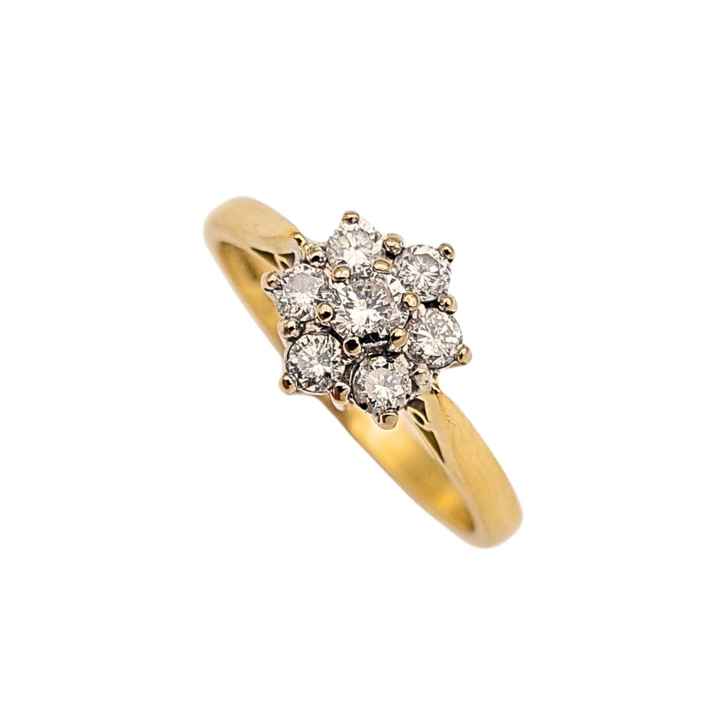 18ct yellow gold diamond cluster ring featuring approx. 0.50ct total diamond weight, full British hallmarks, UK size P 1/2 (US 8). The 9mm floral-style cluster sparkles brightly in a white gold setting, crafted in solid 18ct gold with a 3.96g weight.
