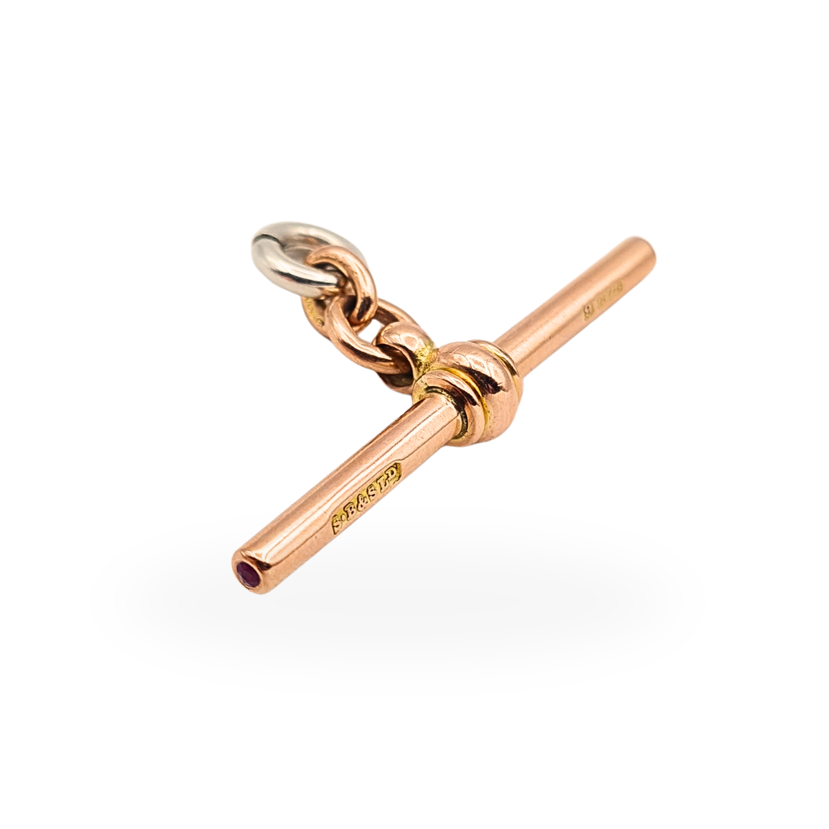 9ct rose gold ruby T-bar 5.11g heavy British Albert chain fob stamped 375 S.B&S LD