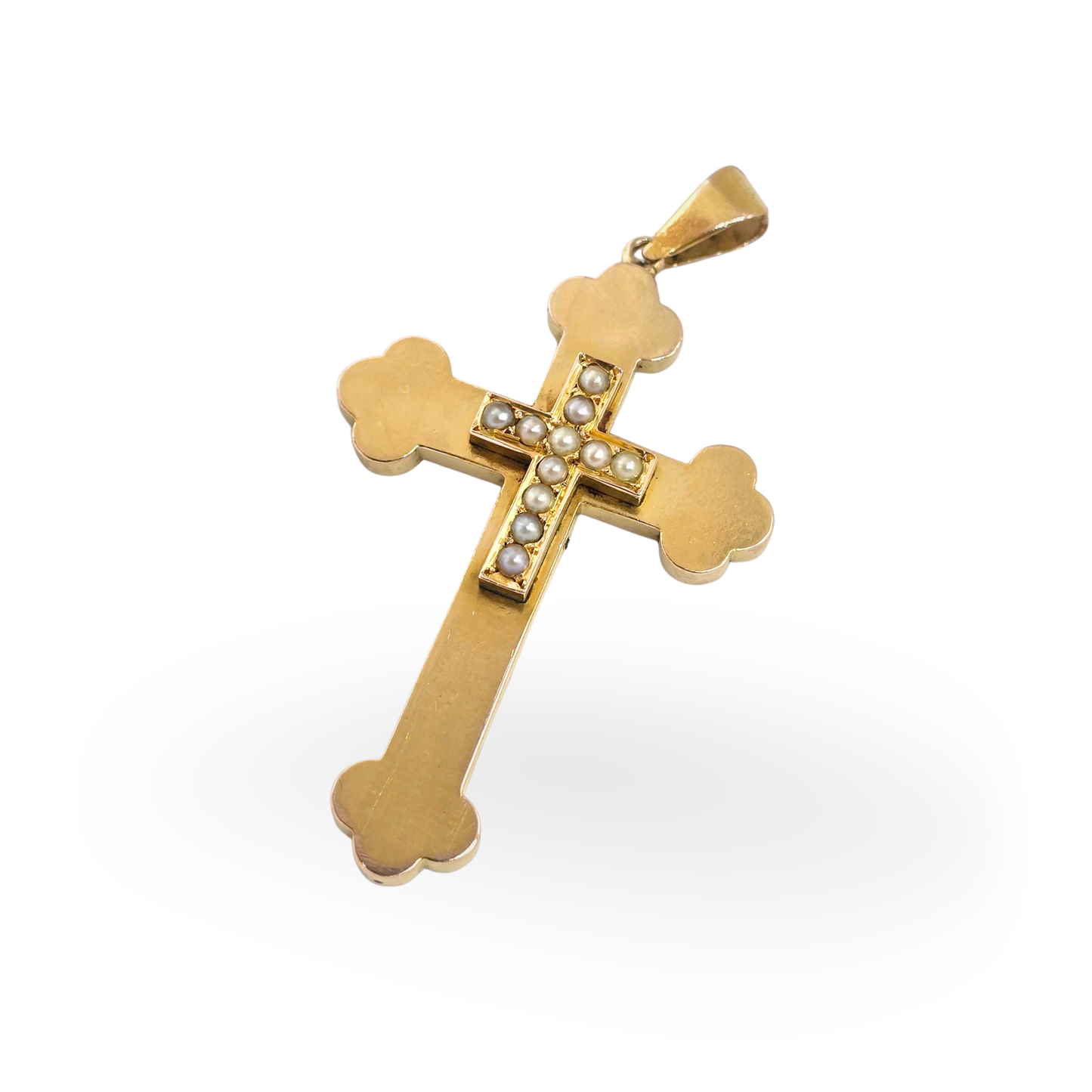 Large 9ct Gold Pearl Set Cross Pendant,  Byzantine Orthodox With Budded Ends